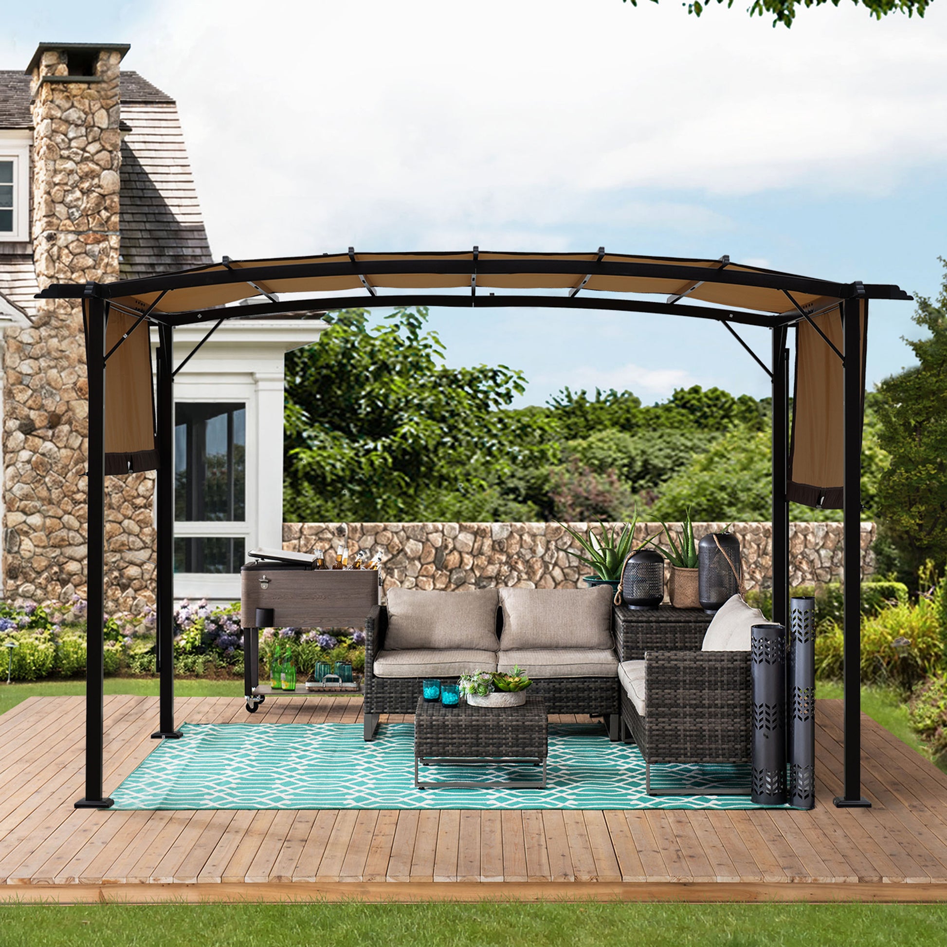 12 X 9 Ft Outdoor Pergola Patio Gazebo,Retractable Shade Canopy,Steel Frame Grape Gazebo,Sunshelter Pergola For Gardens,Terraces,Backyard Same As W419S00041 Beige Brown Steel
