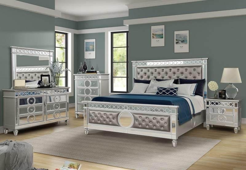 Symphony Modern Style Mirror Front Queen 5 Piece Upholstery Bedroom Set Made With Wood In Silver Box Spring Required Queen Silver Wood 5 Piece Set Bedroom Bed Included,Chest Included,Dresser Included,Mirror Included,Nightstand Included Modern Solid Wood