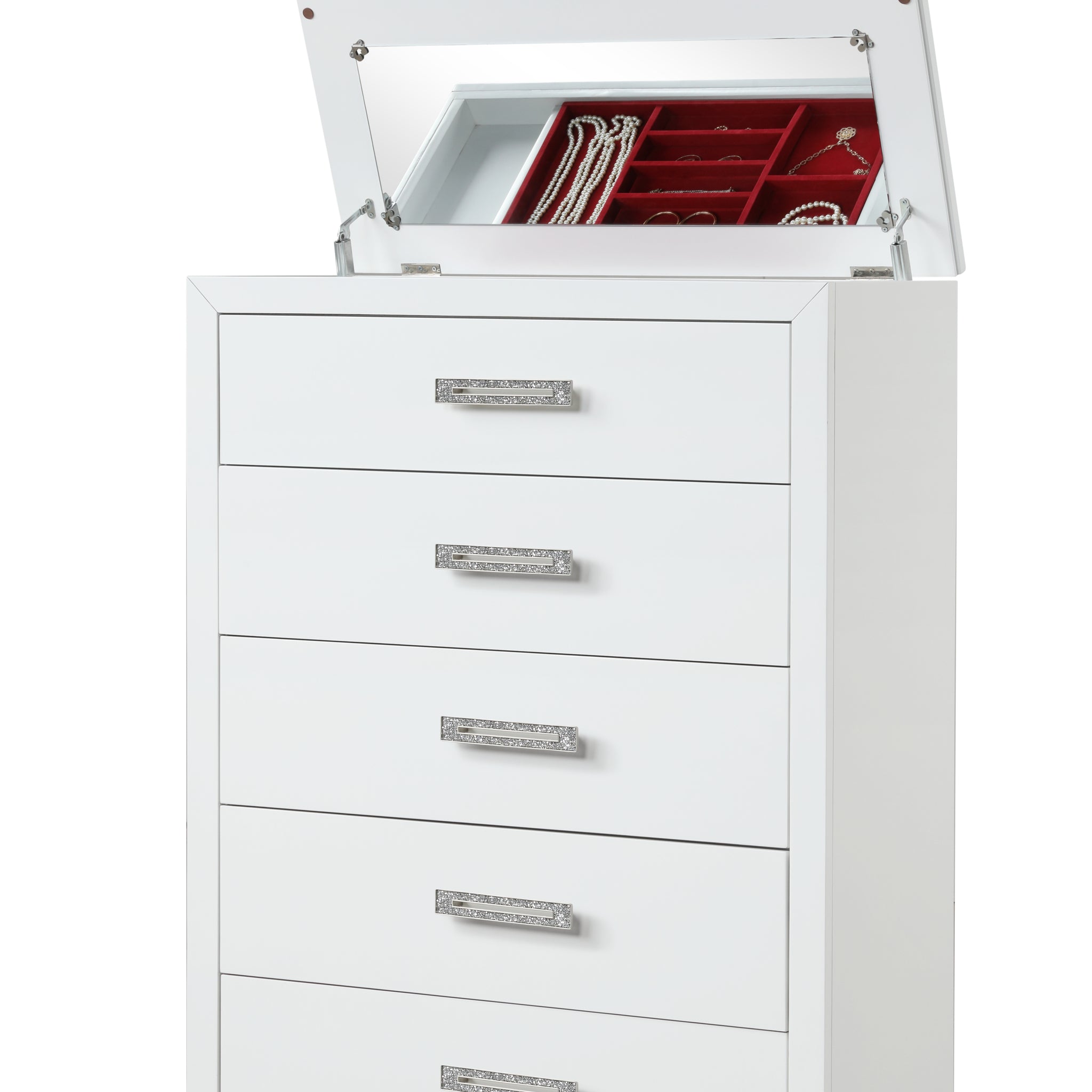 Coco Chest With Mirror Lid On Top Made With Wood In Milky White White 5 Drawers & Above Contemporary,Modern White Solid Wood Mdf Wood