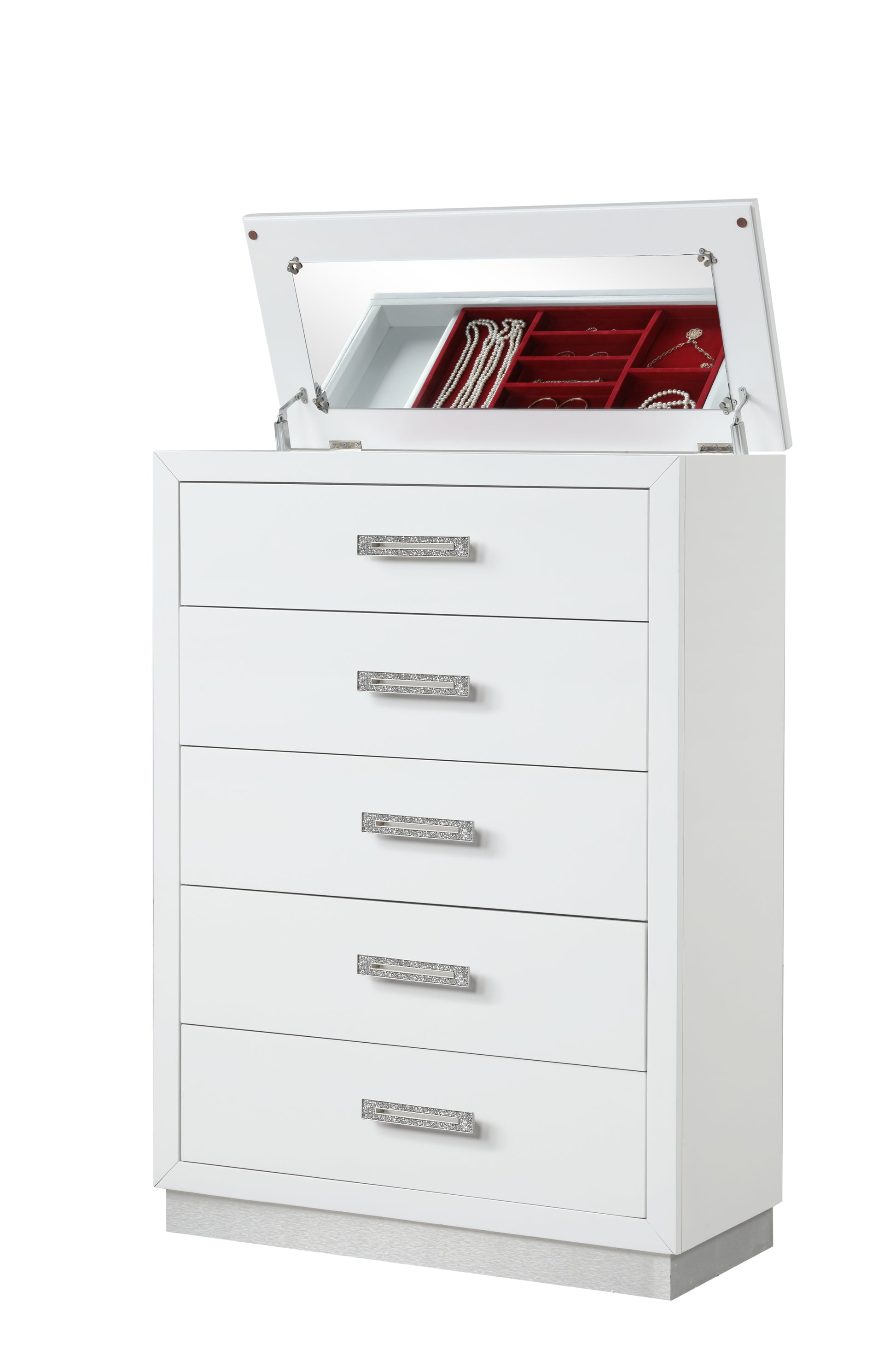 Coco Chest With Mirror Lid On Top Made With Wood In Milky White White 5 Drawers & Above Contemporary,Modern White Solid Wood Mdf Wood