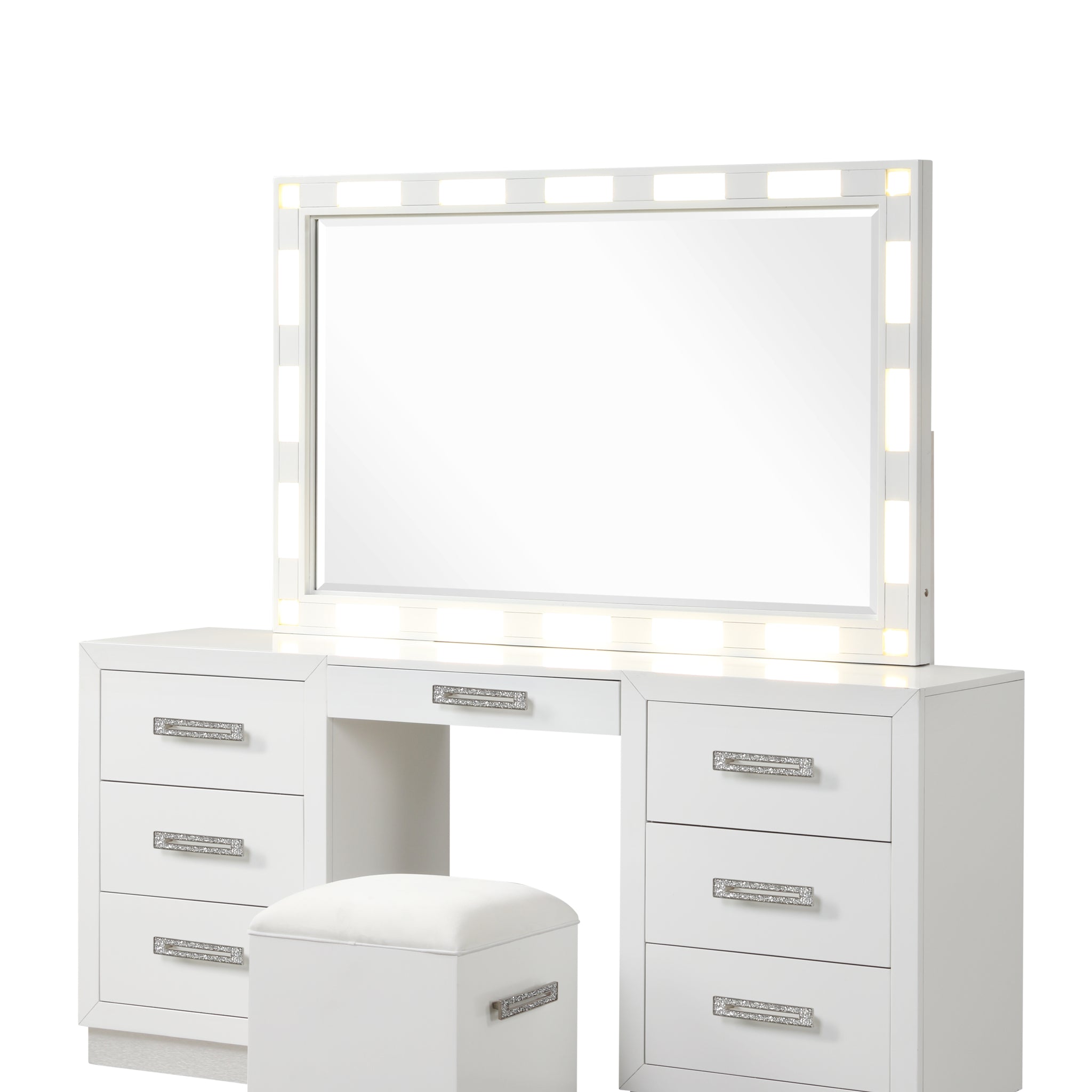 Coco Modern Style Led Mirror Vanity Set Made With Wood In Milky White White Vanity Stools Leather Bedroom Rectangular White Contemporary,Modern Tufted Cushions Wood Solid Wood Mdf Wood