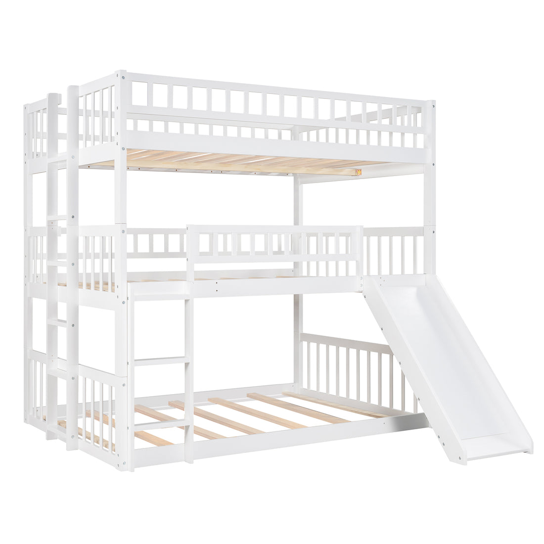 Full Over Full Over Full Triple Bed With Built In Ladder And Slidetriple Bunk Bed With Guardrails, White Old Sku :Lp000052Aak White Solid Wood