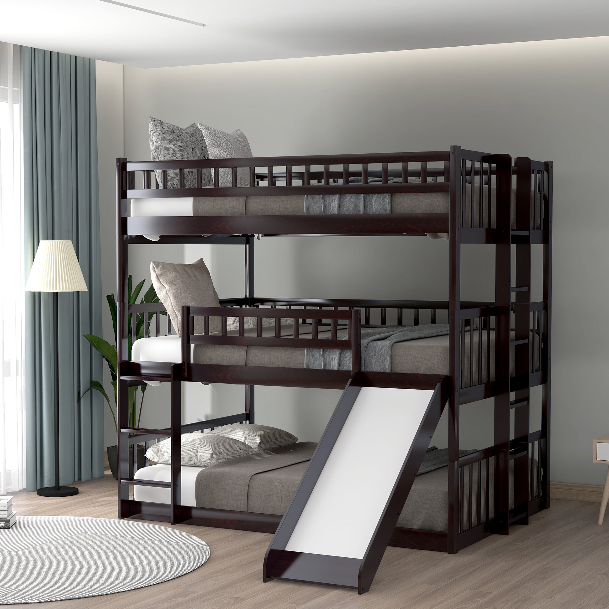 Full Over Full Over Full Triple Bed With Built In Ladder And Slidetriple Bunk Bed With Guardrails, Espresso Old Sku :Lp000052Aap Espresso Solid Wood