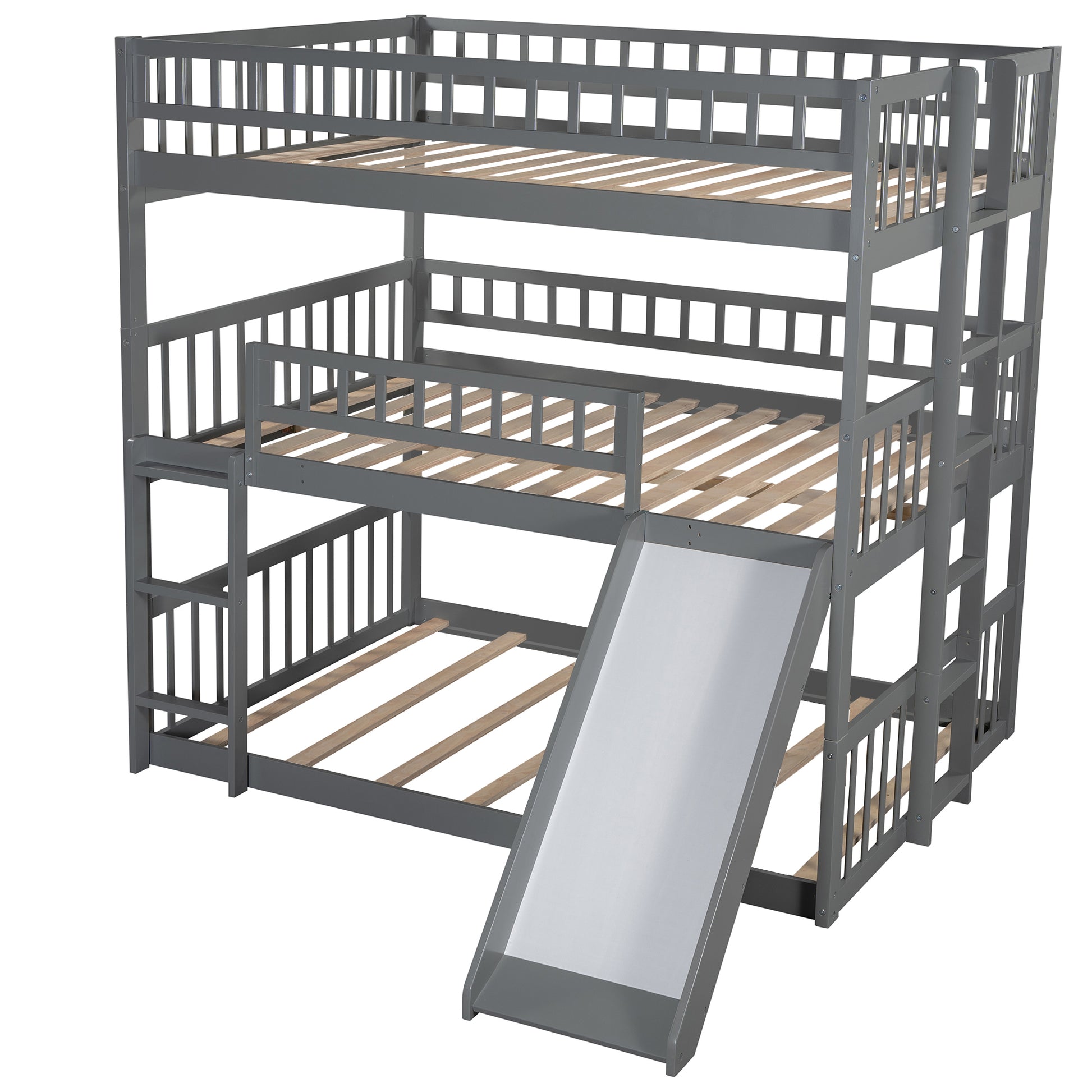 Full Over Full Over Full Triple Bed With Built In Ladder And Slidetriple Bunk Bed With Guardrails, Gray Old Sku :Lp000052Aae Gray Solid Wood