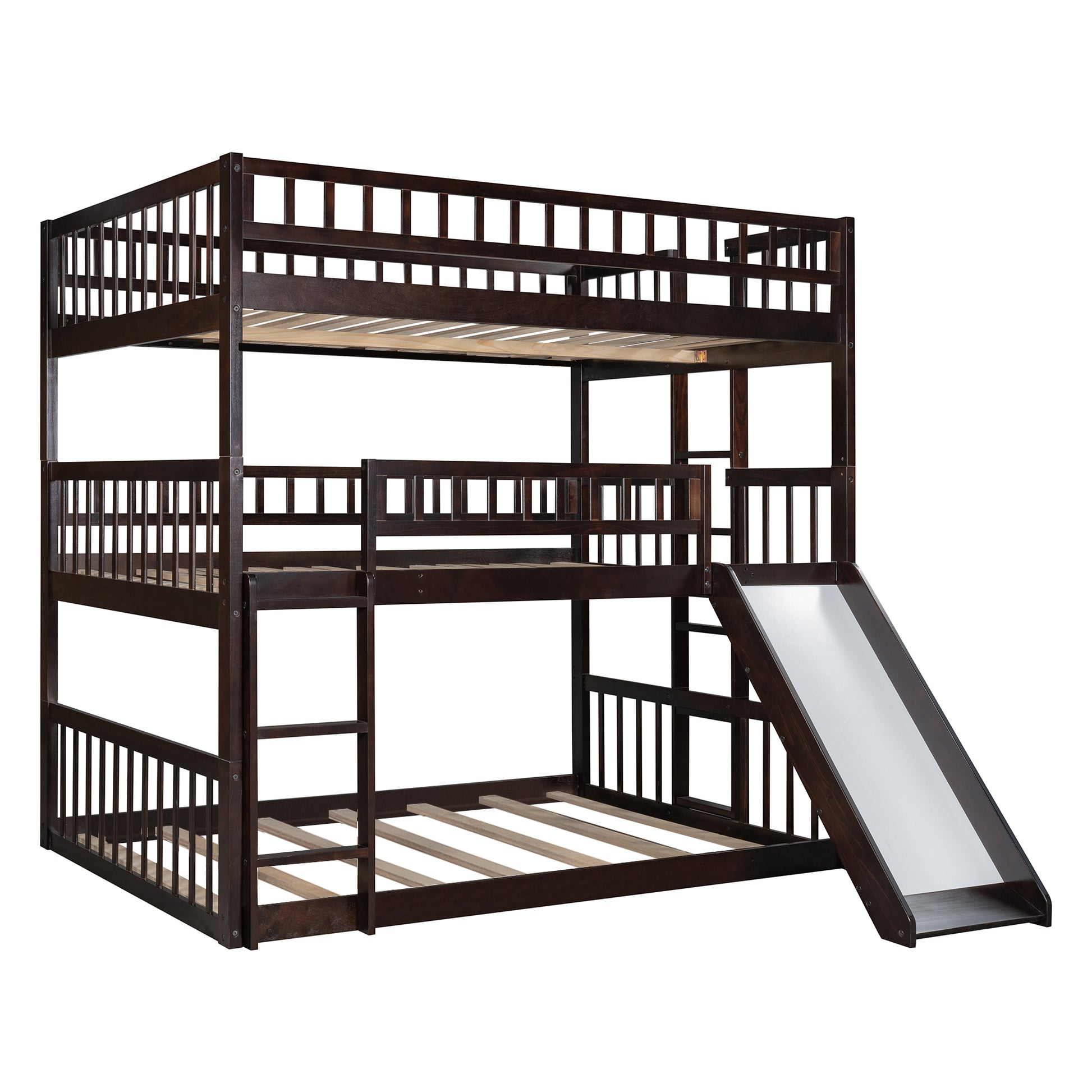 Full Over Full Over Full Triple Bed With Built In Ladder And Slidetriple Bunk Bed With Guardrails, Espresso Old Sku :Lp000052Aap Espresso Solid Wood