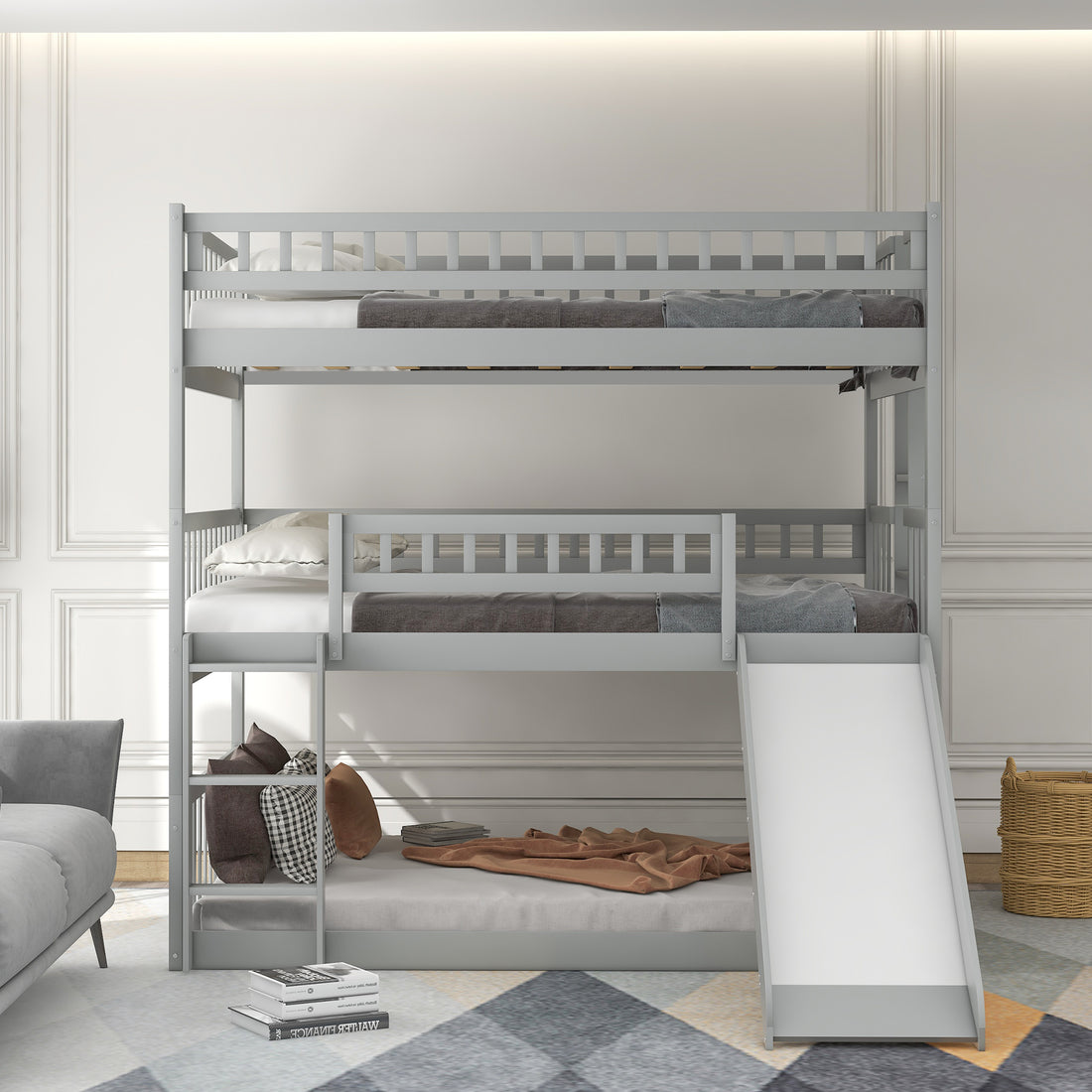 Full Over Full Over Full Triple Bed With Built In Ladder And Slidetriple Bunk Bed With Guardrails, Gray Old Sku :Lp000052Aae Gray Solid Wood