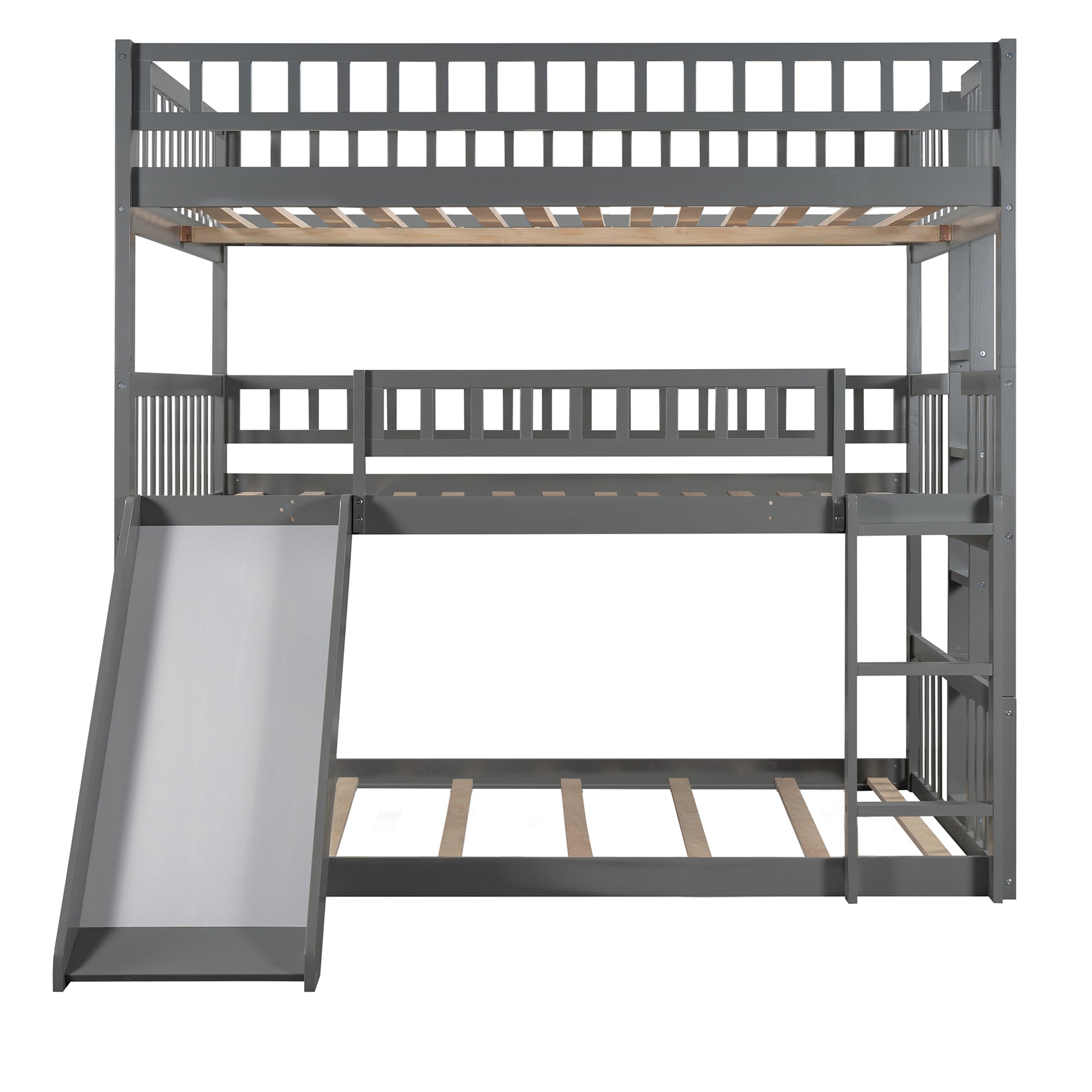 Full Over Full Over Full Triple Bed With Built In Ladder And Slidetriple Bunk Bed With Guardrails, Gray Old Sku :Lp000052Aae Gray Solid Wood