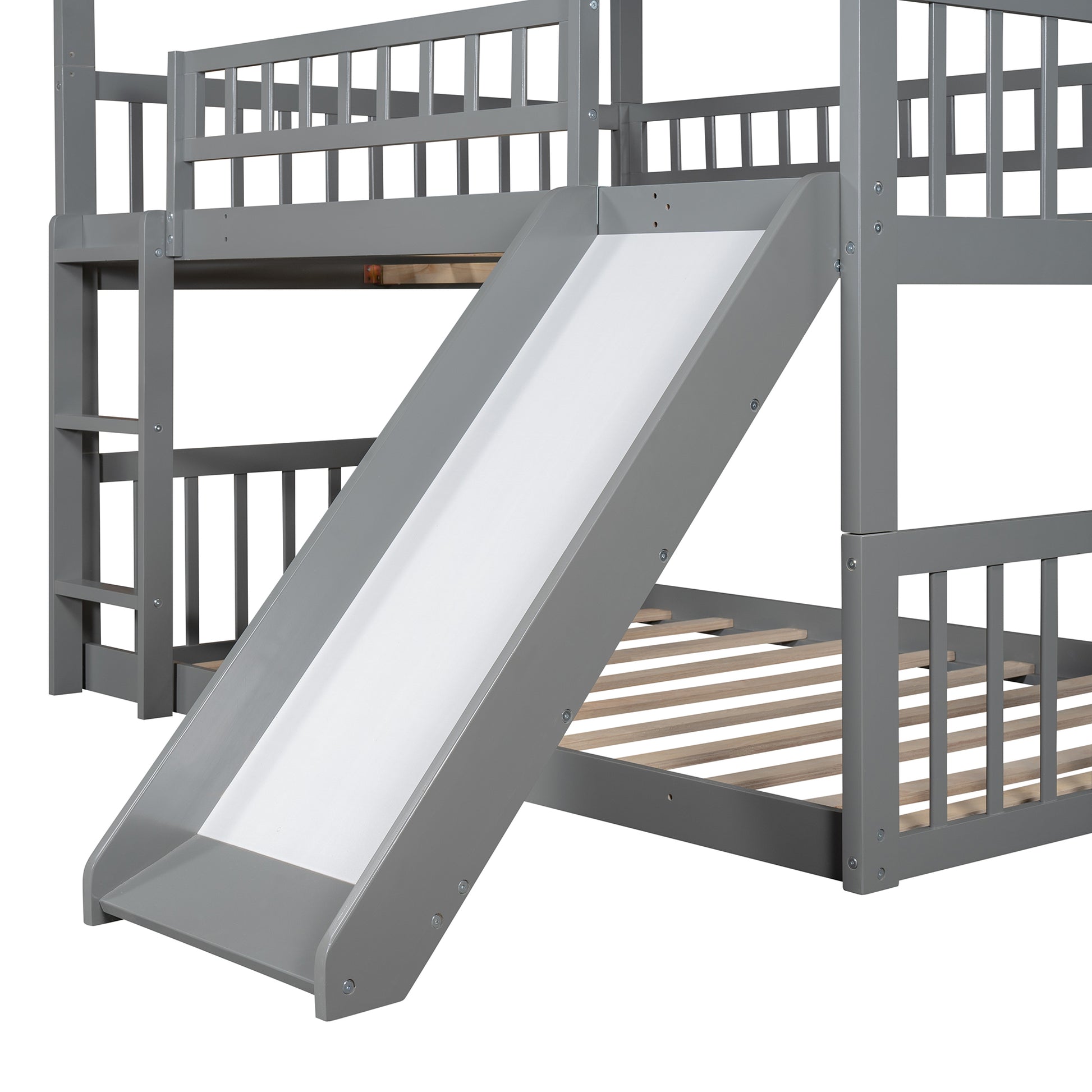 Full Over Full Over Full Triple Bed With Built In Ladder And Slidetriple Bunk Bed With Guardrails, Gray Old Sku :Lp000052Aae Gray Solid Wood