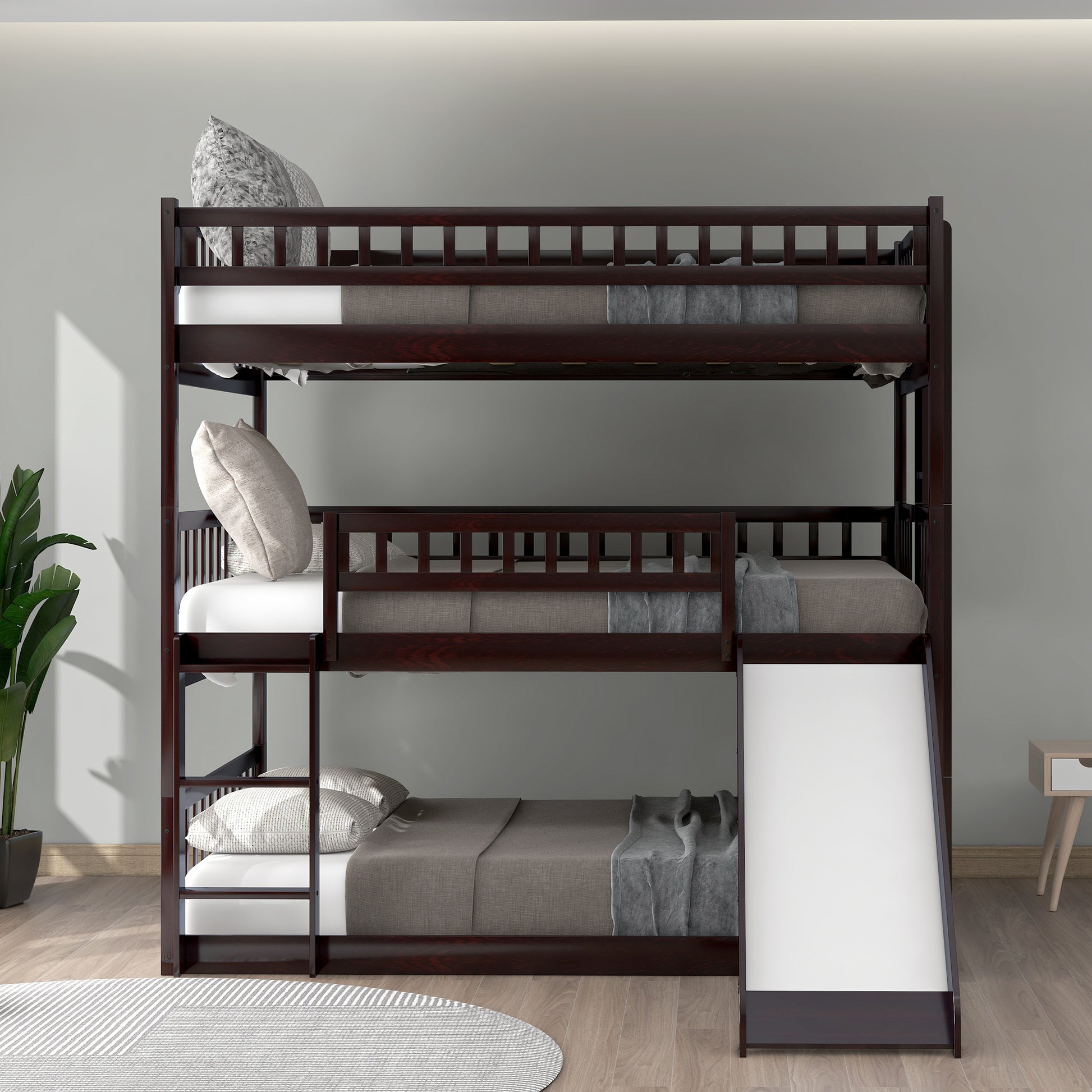 Full Over Full Over Full Triple Bed With Built In Ladder And Slidetriple Bunk Bed With Guardrails, Espresso Old Sku :Lp000052Aap Espresso Solid Wood