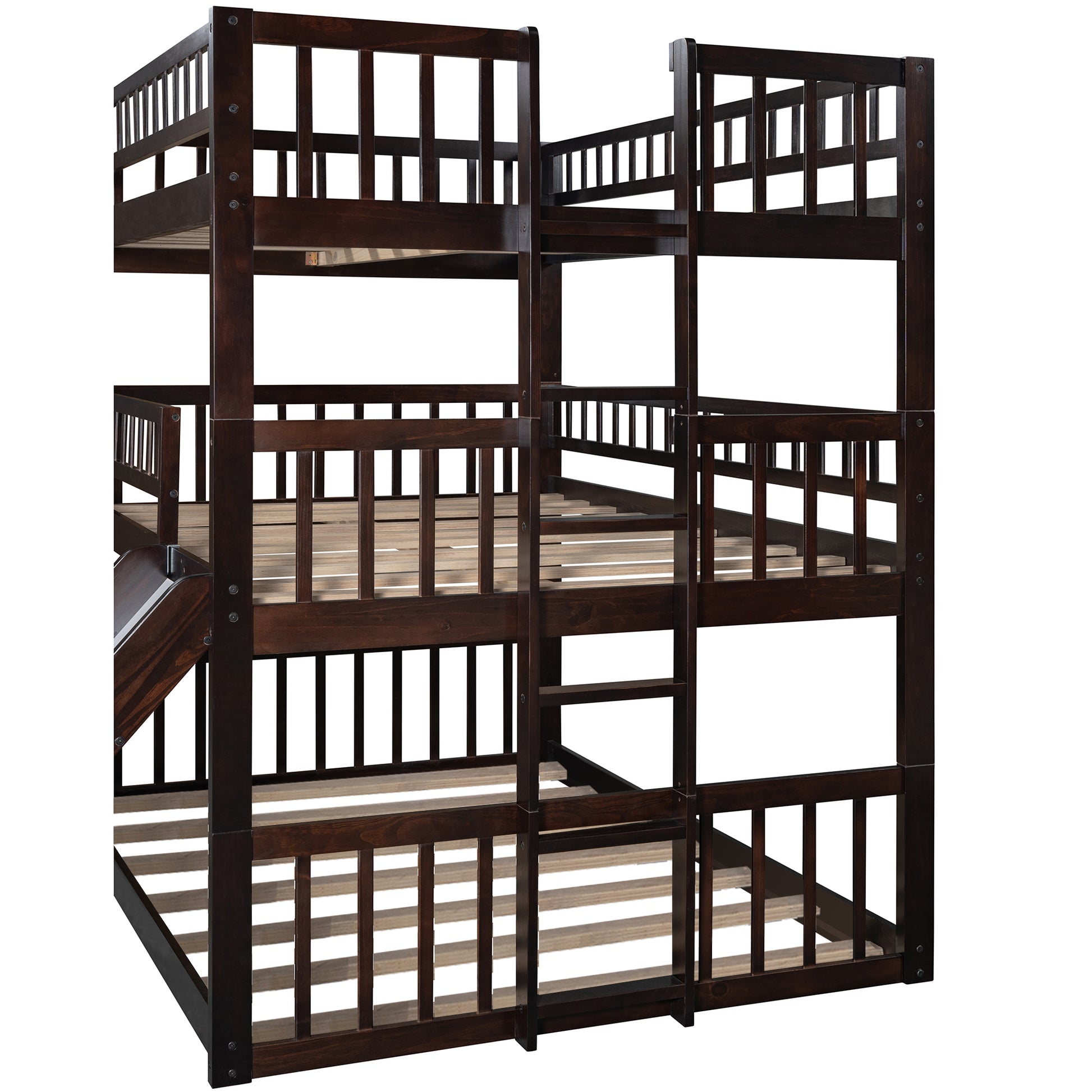 Full Over Full Over Full Triple Bed With Built In Ladder And Slidetriple Bunk Bed With Guardrails, Espresso Old Sku :Lp000052Aap Espresso Solid Wood