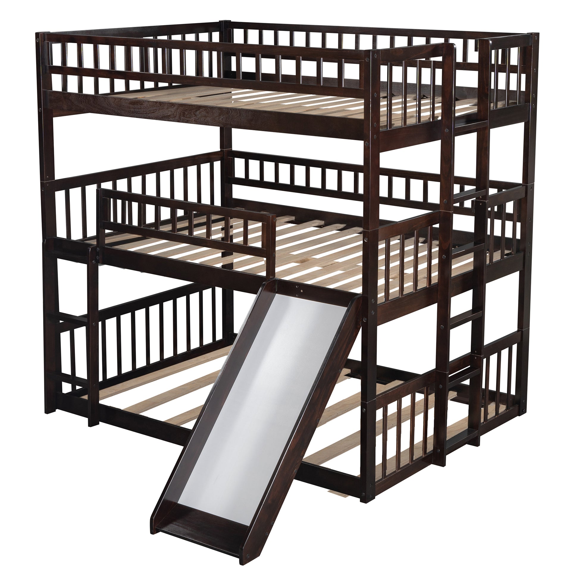 Full Over Full Over Full Triple Bed With Built In Ladder And Slidetriple Bunk Bed With Guardrails, Espresso Old Sku :Lp000052Aap Espresso Solid Wood