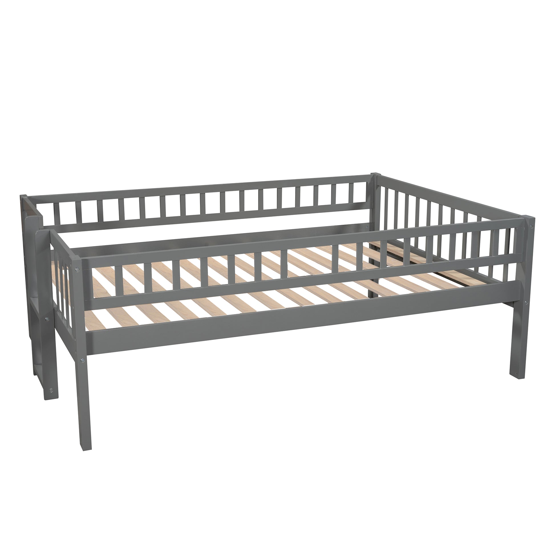 Full Over Full Over Full Triple Bed With Built In Ladder And Slidetriple Bunk Bed With Guardrails, Gray Old Sku :Lp000052Aae Gray Solid Wood