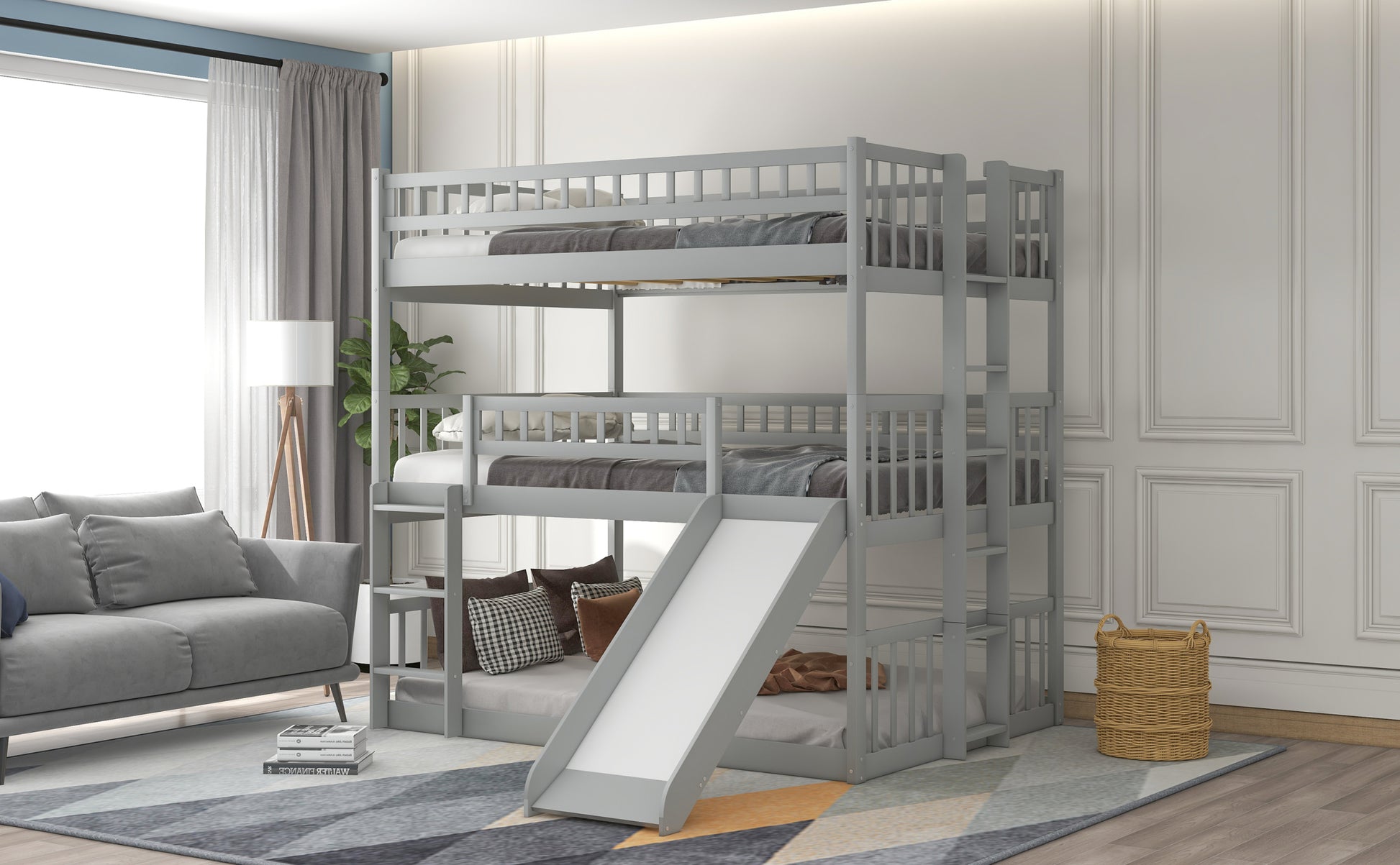 Full Over Full Over Full Triple Bed With Built In Ladder And Slidetriple Bunk Bed With Guardrails, Gray Old Sku :Lp000052Aae Gray Solid Wood