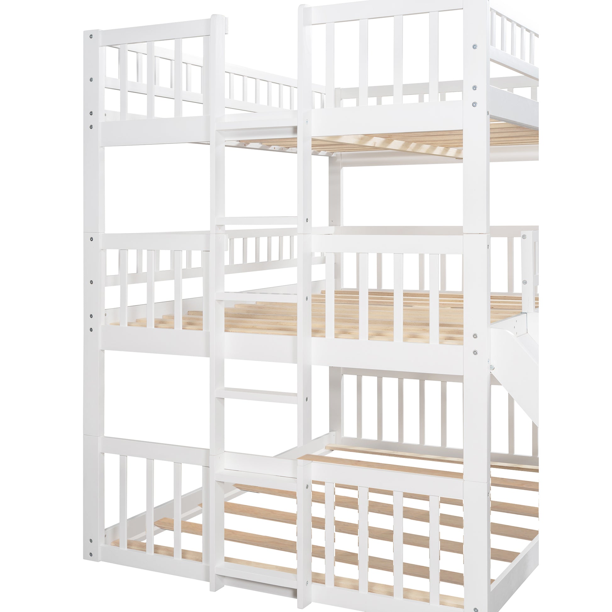 Full Over Full Over Full Triple Bed With Built In Ladder And Slidetriple Bunk Bed With Guardrails, White Old Sku :Lp000052Aak White Solid Wood