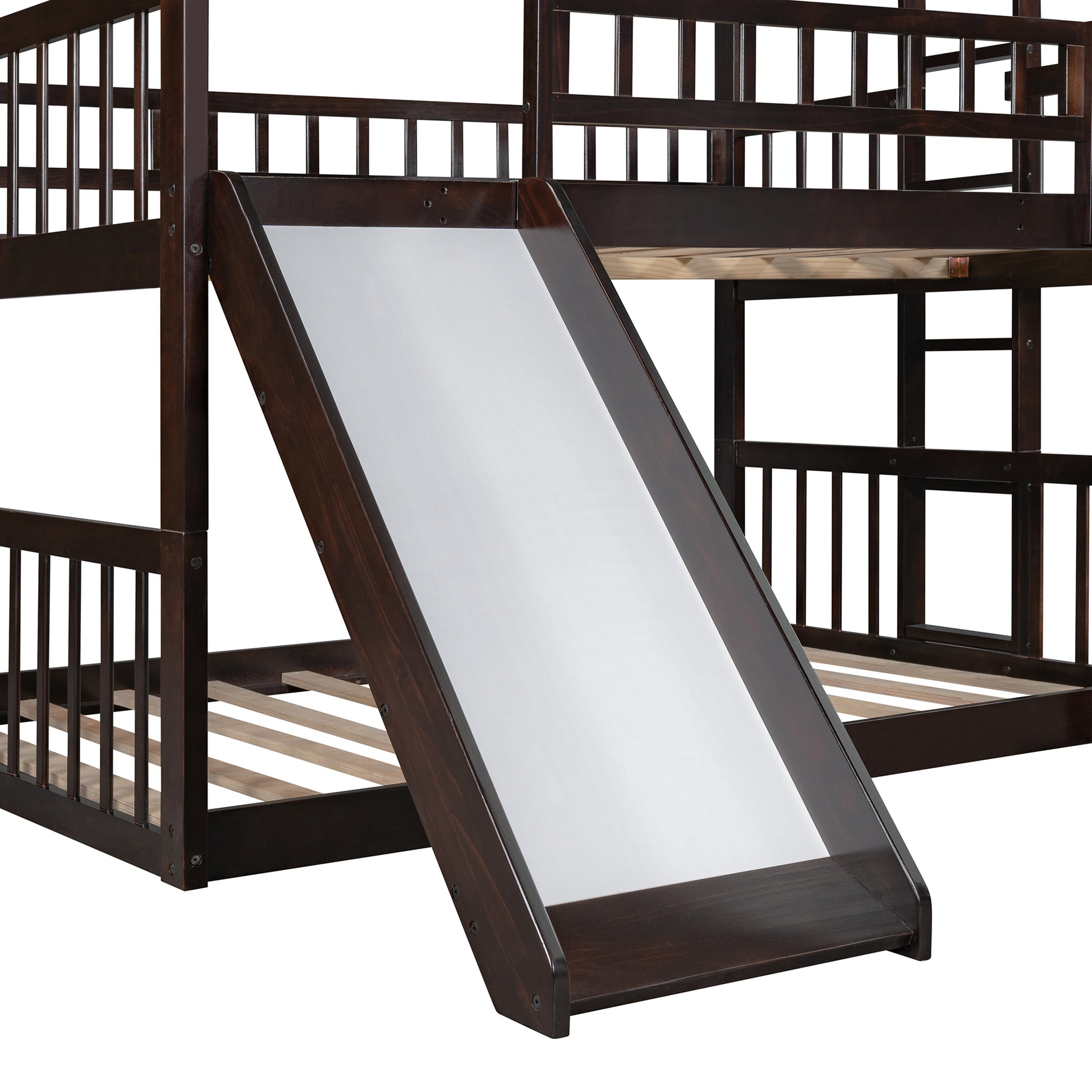 Full Over Full Over Full Triple Bed With Built In Ladder And Slidetriple Bunk Bed With Guardrails, Espresso Old Sku :Lp000052Aap Espresso Solid Wood