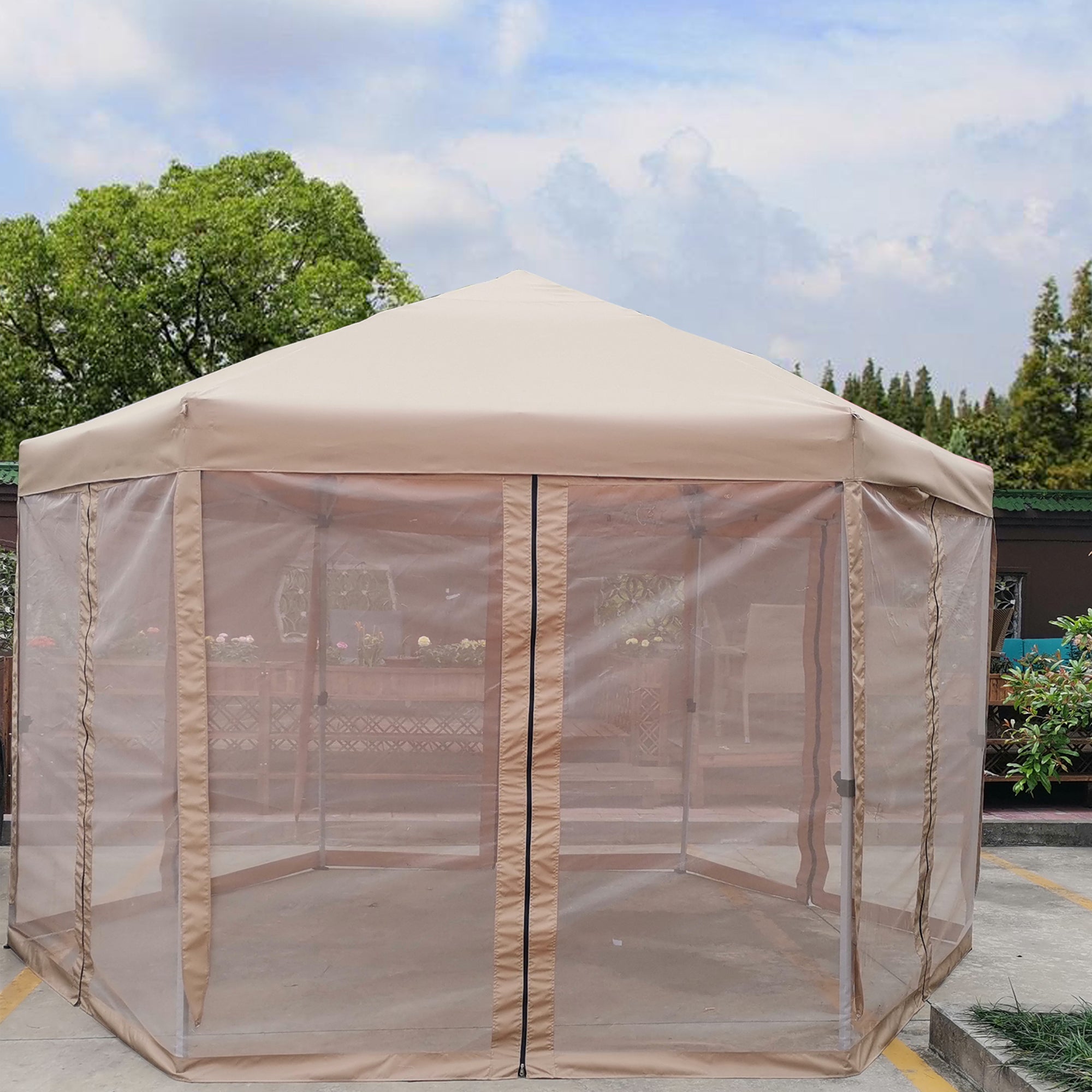 13 Ft. W X 13 Ft. D X 9.2Ft Pop Up Gazebo Tent Outdoor Canopy Hexagonal Canopies Gazebos & Pergolas 6 Sided For Patio Garden Backyard Sun Shelter Bbq Garden Events With Strong Steel Frame Storage Bag Brown Metal