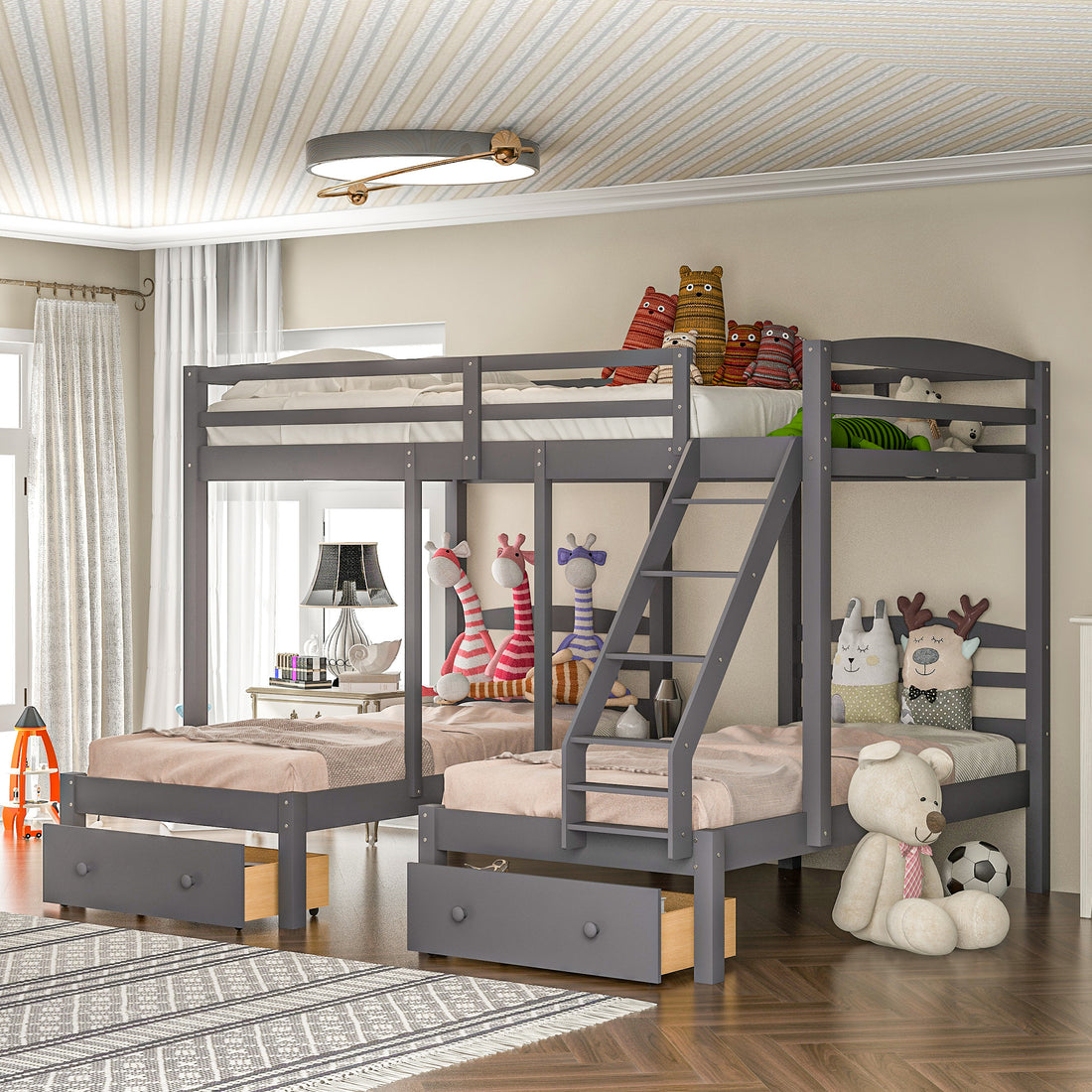 Full Over Twin & Twin Bunk Bed,Triple Bunk Bed With Drawers, Gray Gray Pine