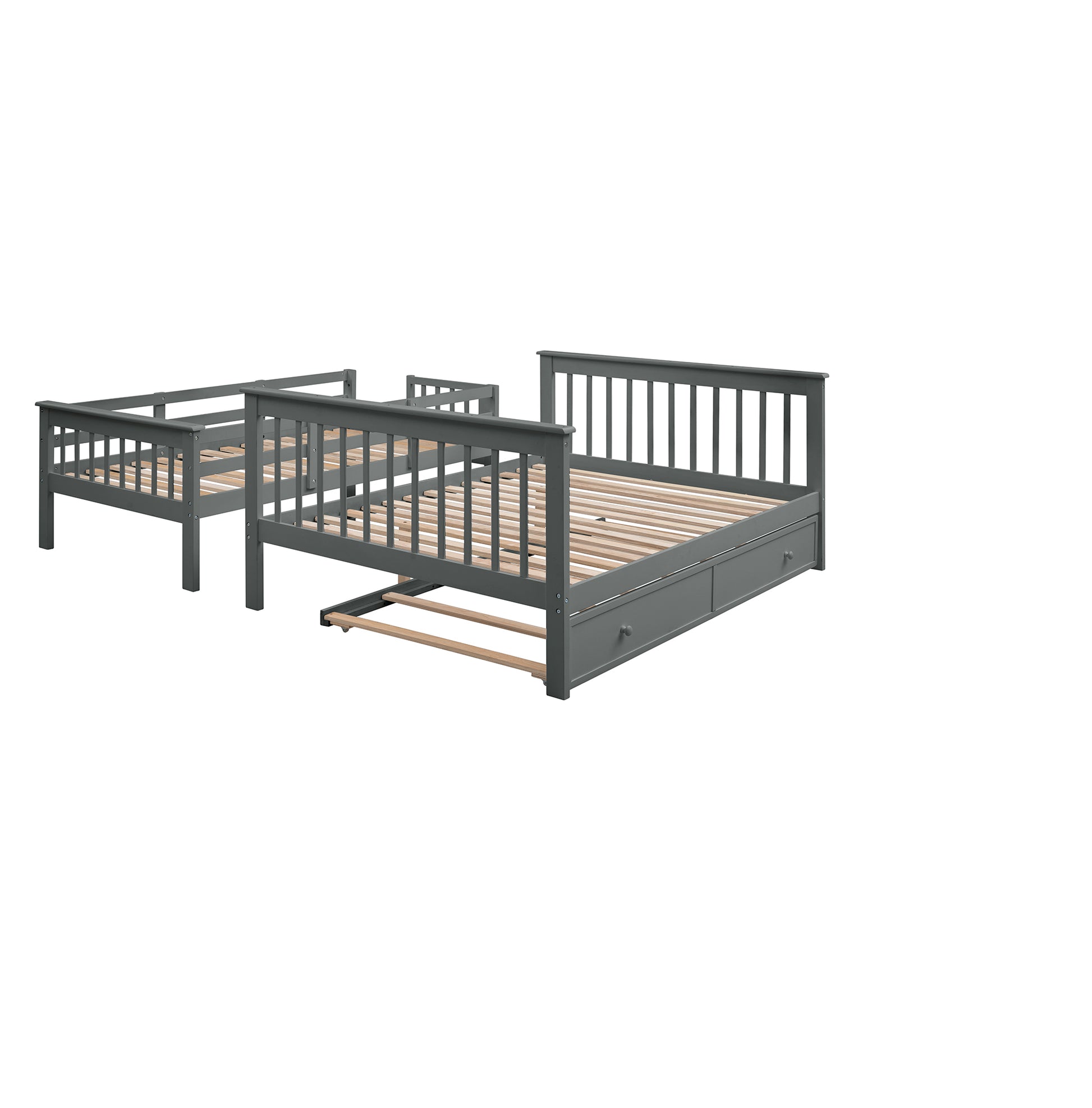 Stairway Twin Over Full Bunk Bed With Twin Size Trundle, Storage And Guard Rail For Bedroom, Dorm, For Adults, Gray Old Sku :Lt000119Aae Twin Gray Solid Wood