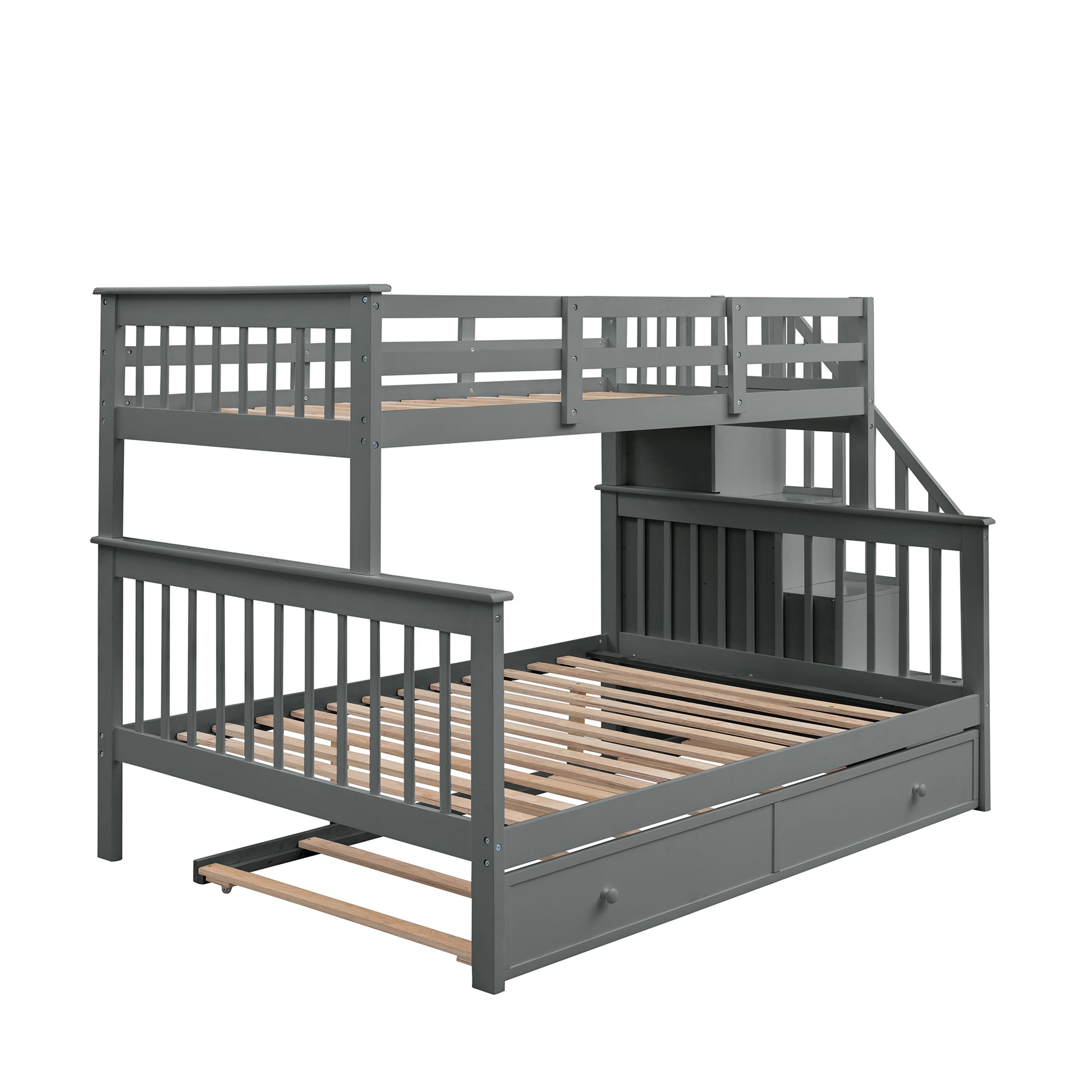 Stairway Twin Over Full Bunk Bed With Twin Size Trundle, Storage And Guard Rail For Bedroom, Dorm, For Adults, Gray Old Sku :Lt000119Aae Twin Gray Solid Wood