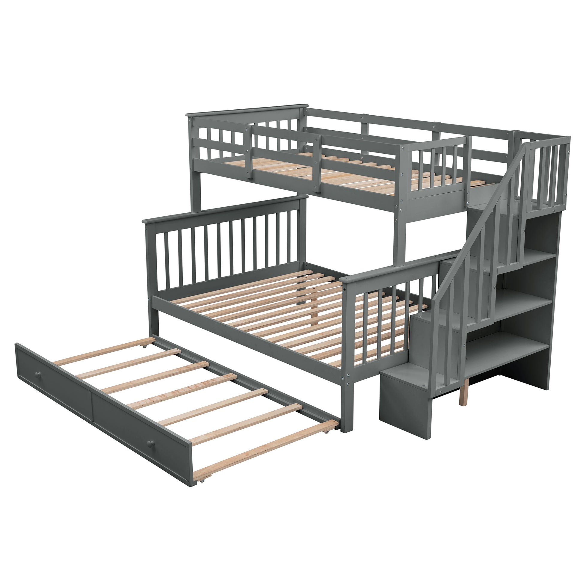 Stairway Twin Over Full Bunk Bed With Twin Size Trundle, Storage And Guard Rail For Bedroom, Dorm, For Adults, Gray Old Sku :Lt000119Aae Twin Gray Solid Wood