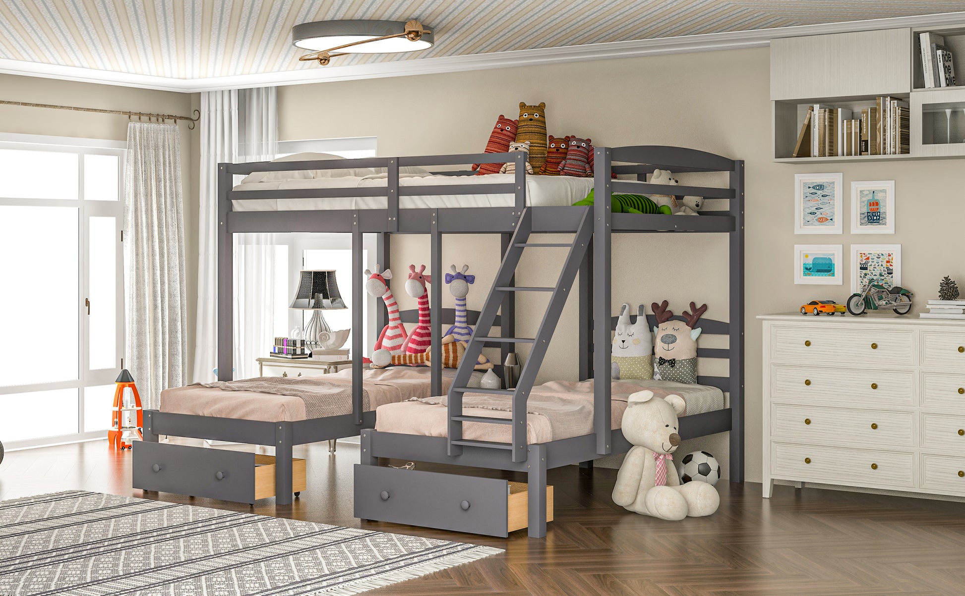 Full Over Twin & Twin Bunk Bed,Triple Bunk Bed With Drawers, Gray Gray Pine