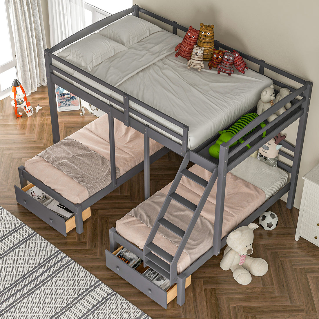 Full Over Twin & Twin Bunk Bed,Triple Bunk Bed With Drawers, Gray Gray Pine