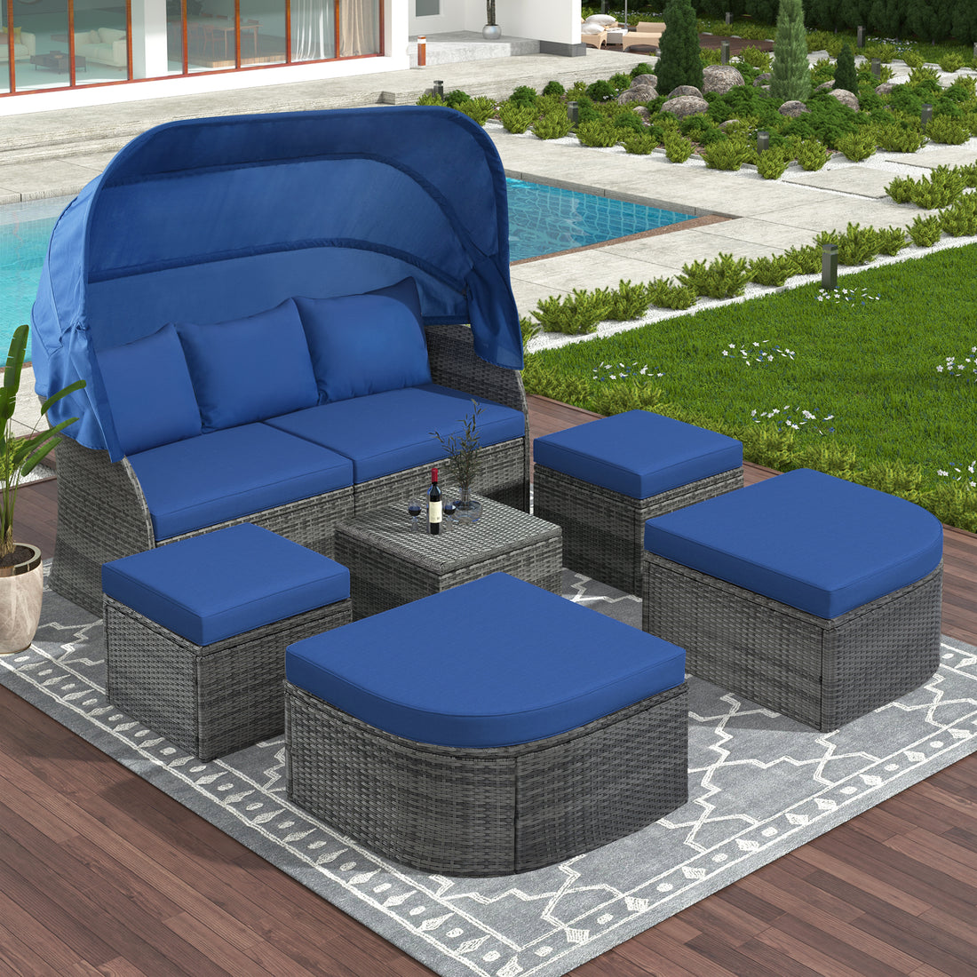 Outdoor Patio Furniture Set Daybed Sunbed With Retractable Canopy Conversation Set Wicker Furniture As Same As Wy000281Aae Blue Rattan