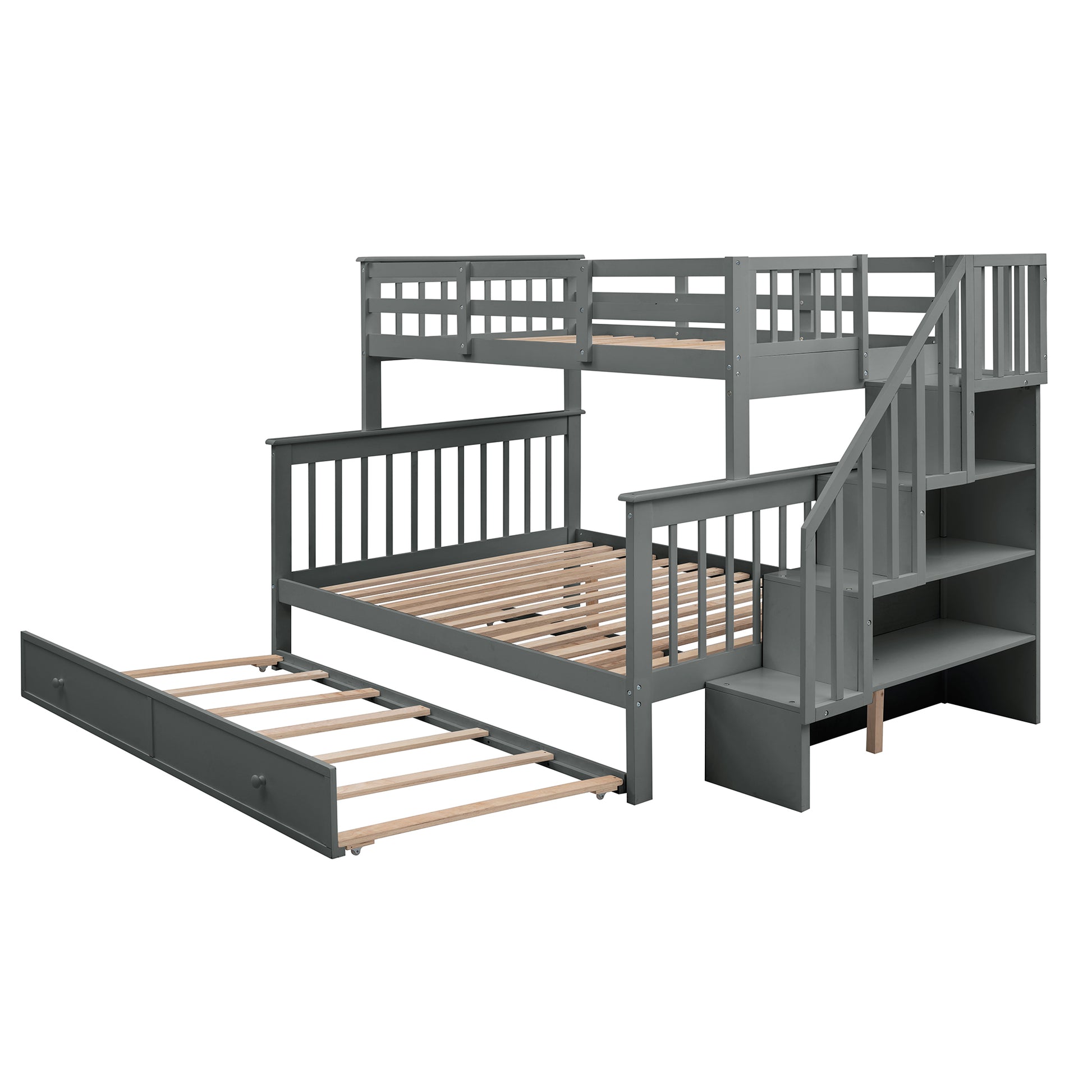 Stairway Twin Over Full Bunk Bed With Twin Size Trundle, Storage And Guard Rail For Bedroom, Dorm, For Adults, Gray Old Sku :Lt000119Aae Twin Gray Solid Wood