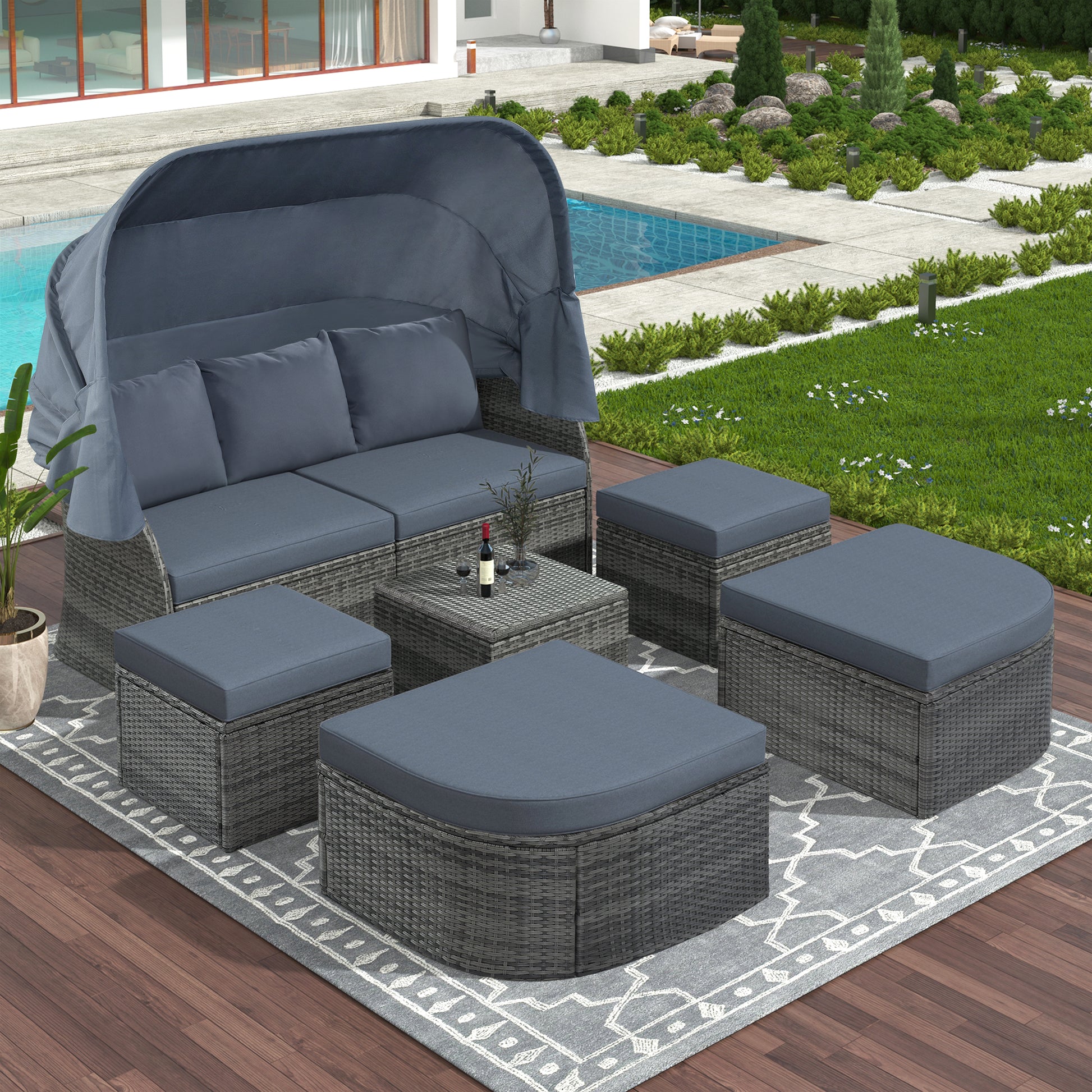 Outdoor Patio Furniture Set Daybed Sunbed With Retractable Canopy Conversation Set Wicker Furniture As Same As Wy000281Aae Gray Rattan