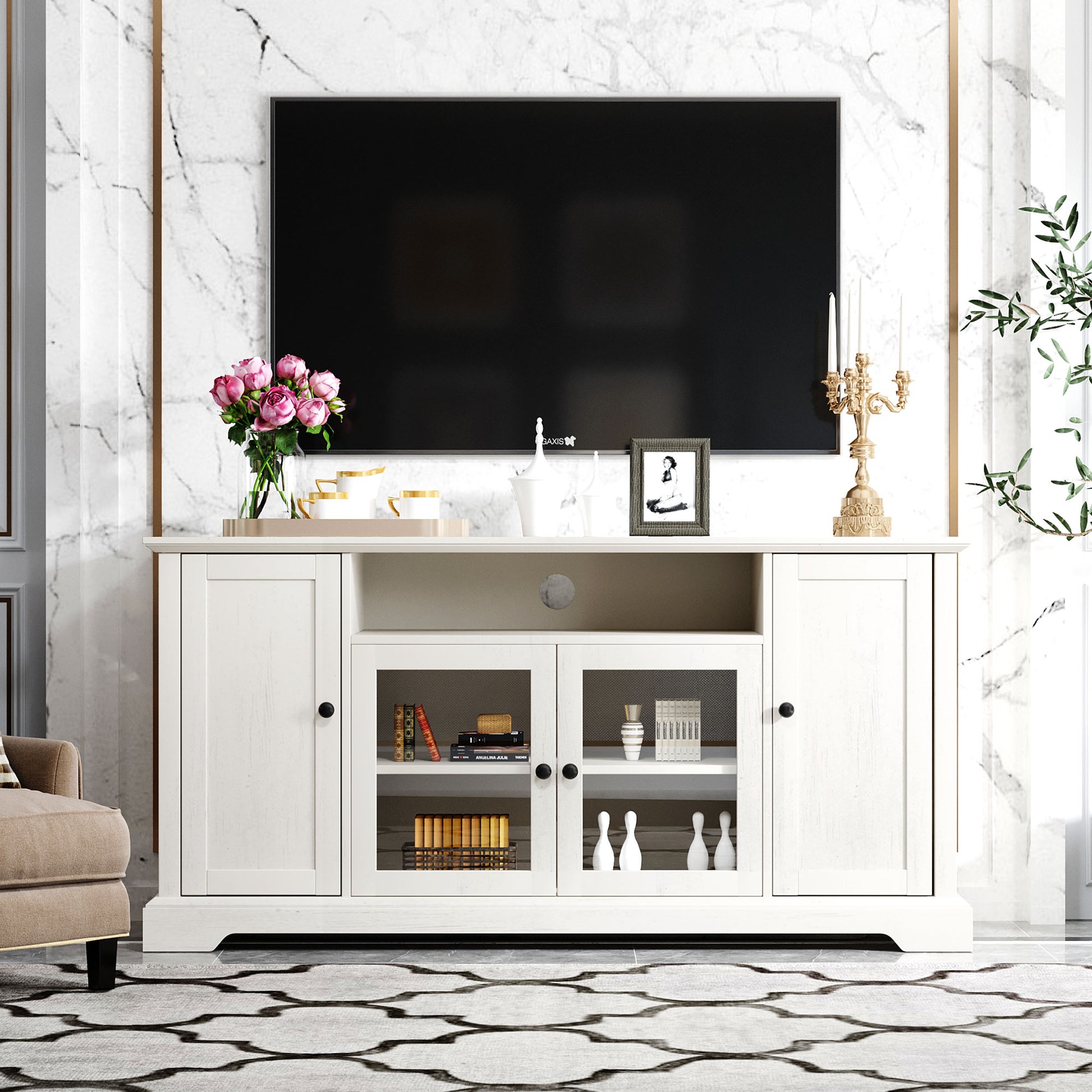 Tv Stand For Tv Up To 65In With 2 Tempered Glass Doors Adjustable Panels Open Style Cabinet, Sideboard For Living Room, White White Mdf