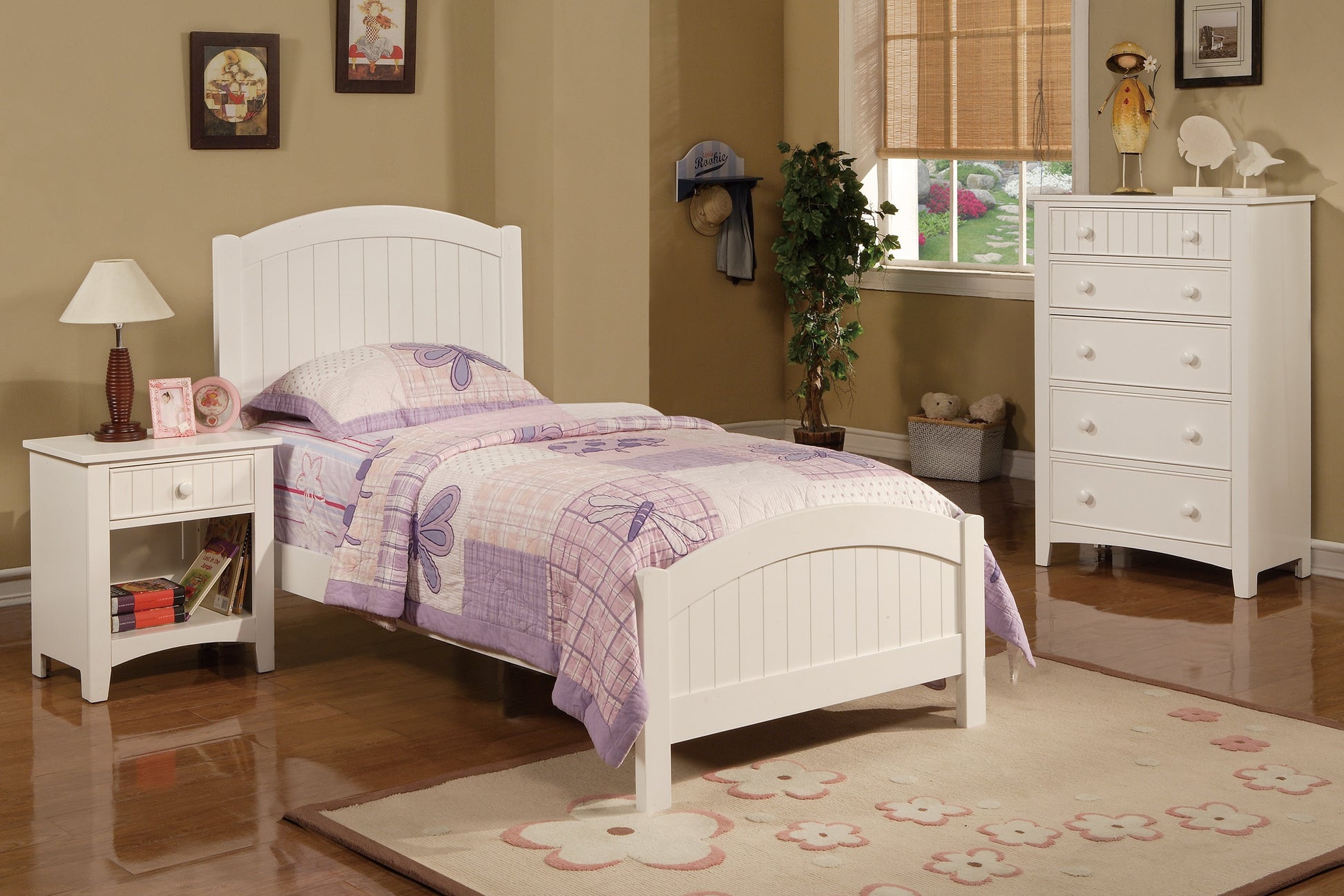 White Color Twin Size Bed Nightstand And Chest 3Pc Set Bedroom Furniture Wooden Transitional Style Headboard Box Spring Required Twin White Wood White 3 Piece Set Bedroom Bed Included,Chest