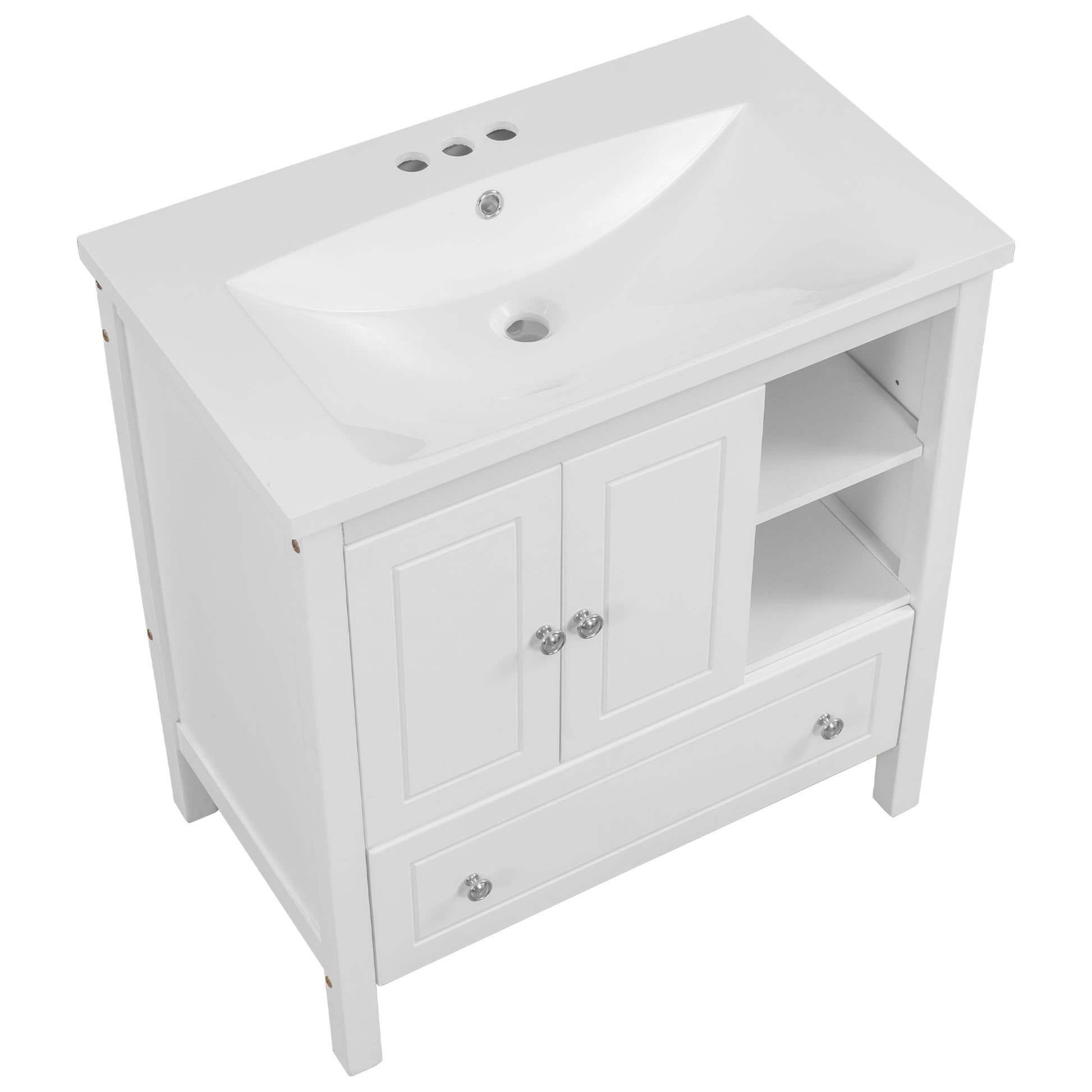 Video 30" Bathroom Vanity With Sink, Bathroom Storage Cabinet With Doors And Drawers, Solid Wood Frame, Ceramic Sink, White Old Sku:Jl000002Aak White Solid Wood