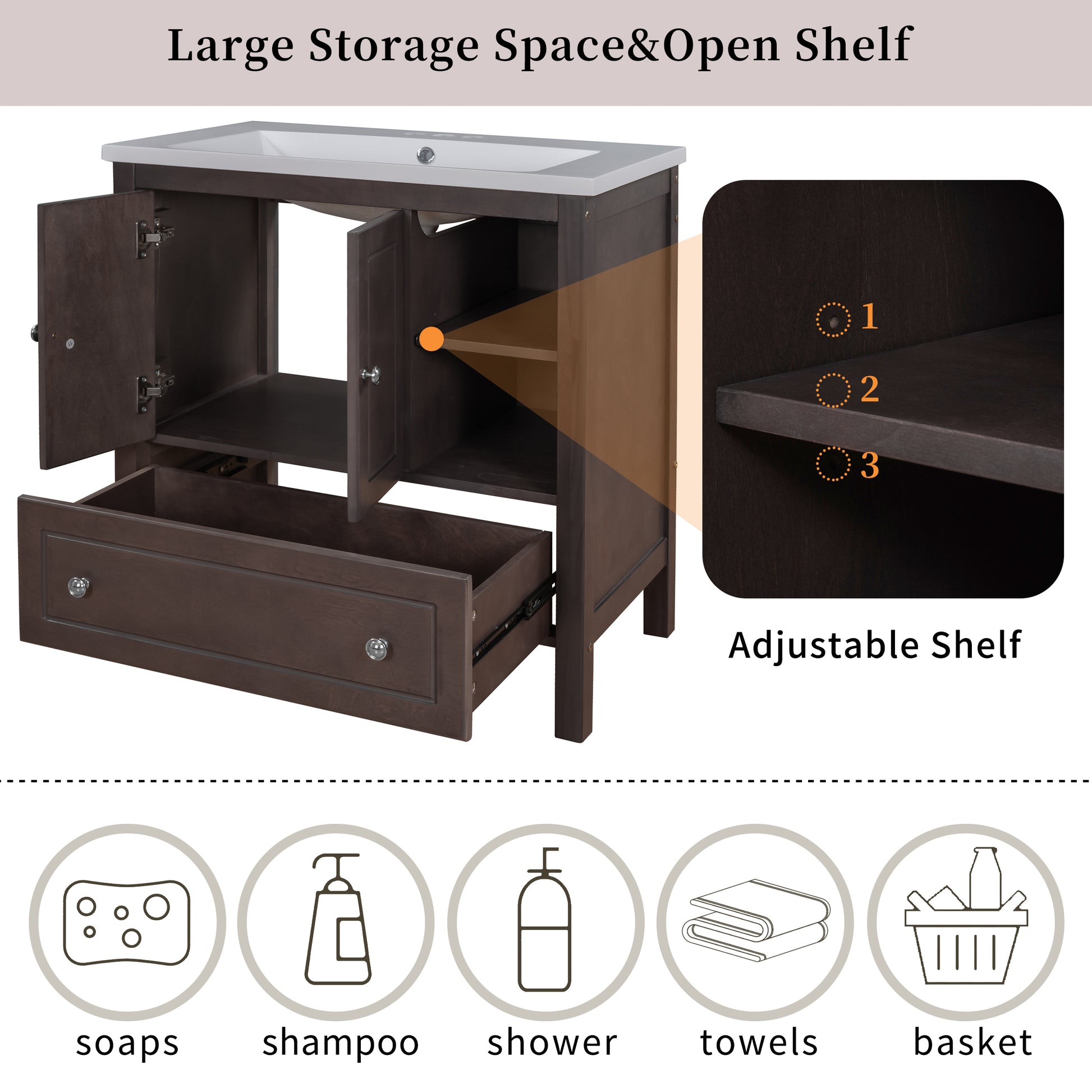 Video 30" Bathroom Vanity With Sink, Bathroom Storage Cabinet With Doors And Drawers, Solid Wood Frame, Ceramic Sink, Brown Old Sku: Jl000002Aad Brown Solid Wood