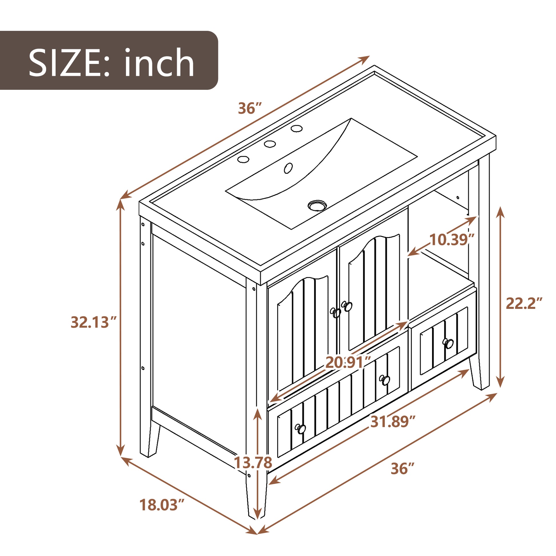 Video 36" Bathroom Vanity With Ceramic Basin, Bathroom Storage Cabinet With Two Doors And Drawers, Solid Frame, Metal Handles, Brown Old Sku: Jl000003Aad 1 Brown Solid Wood