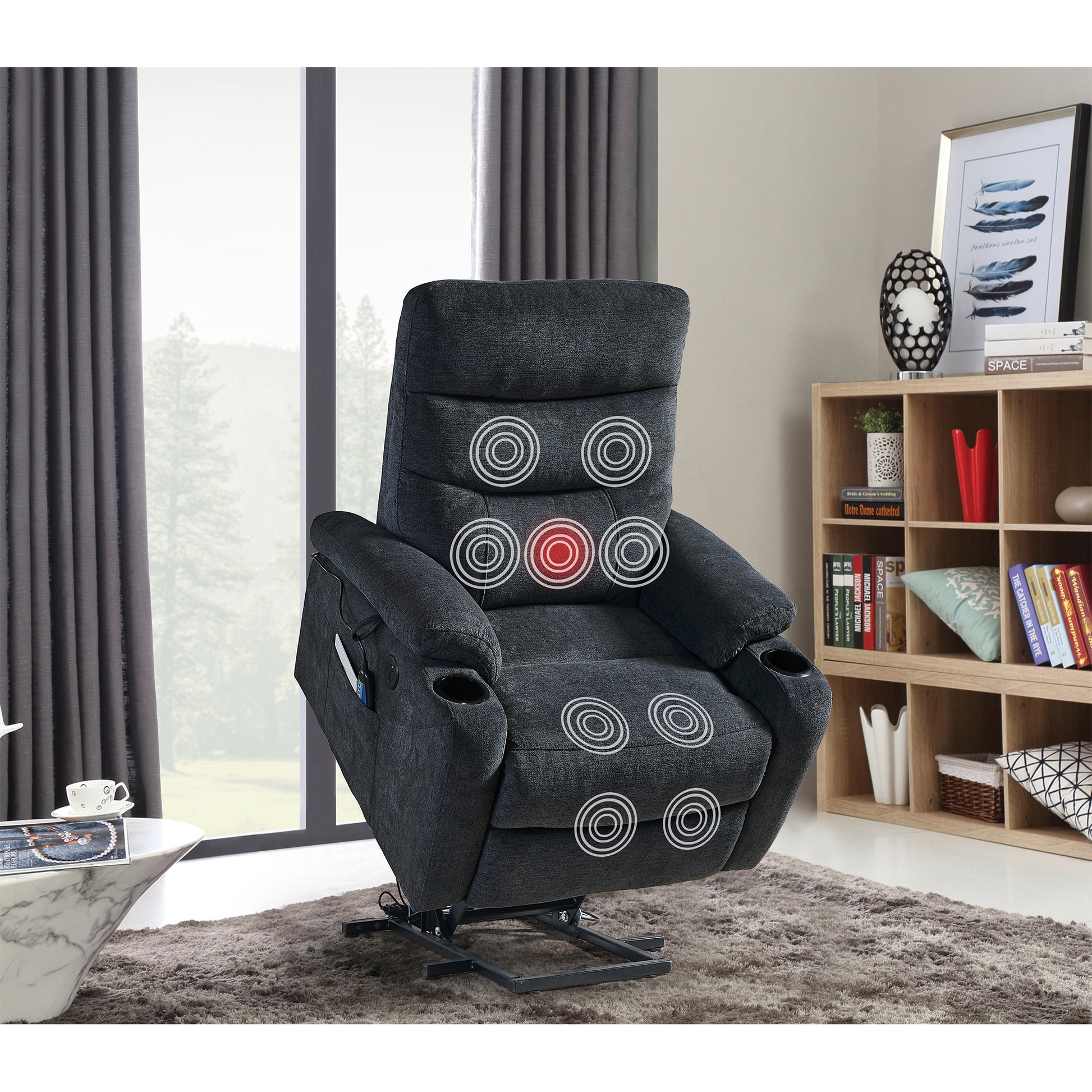 Liyasi Electric Power Lift Recliner Chair With Massage And Heat For Elderly, 3 Positions, 2 Side Pockets, Cup Holders, Usb Charge Ports, High End Quality Cloth Power Reclining Chair For Living Room. Dark Gray Foam Fabric
