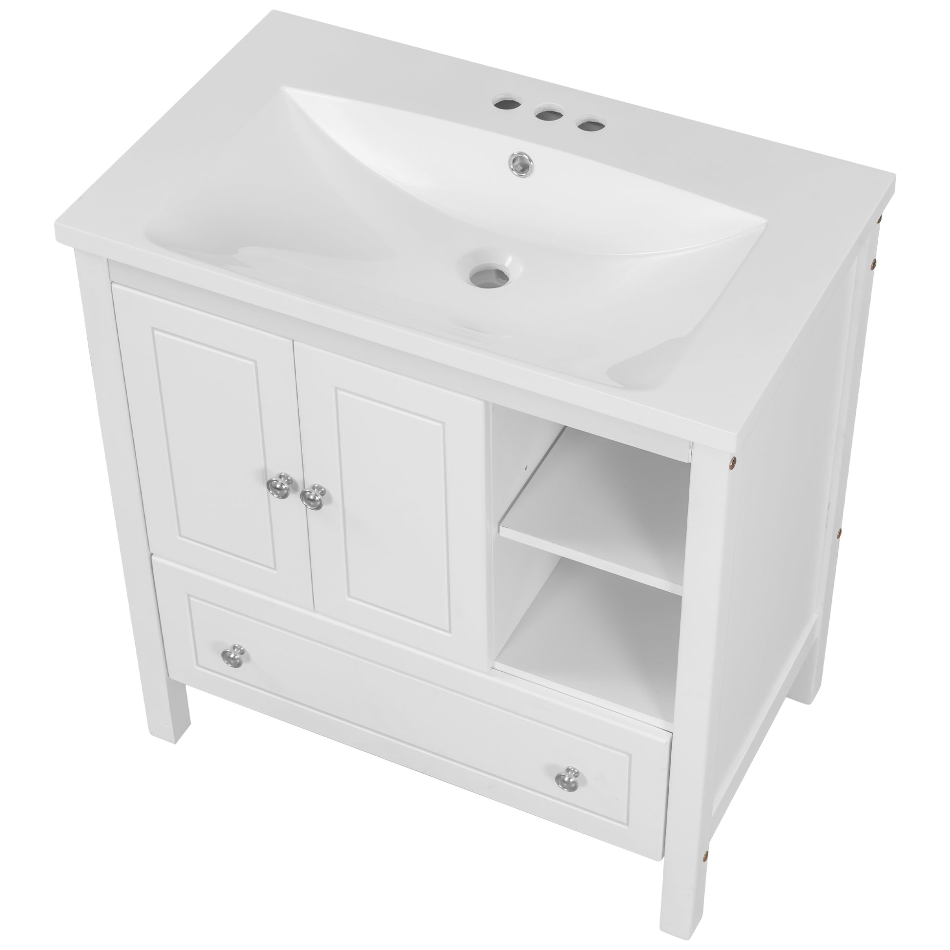 Video 30" Bathroom Vanity With Sink, Bathroom Storage Cabinet With Doors And Drawers, Solid Wood Frame, Ceramic Sink, White Old Sku:Jl000002Aak White Solid Wood