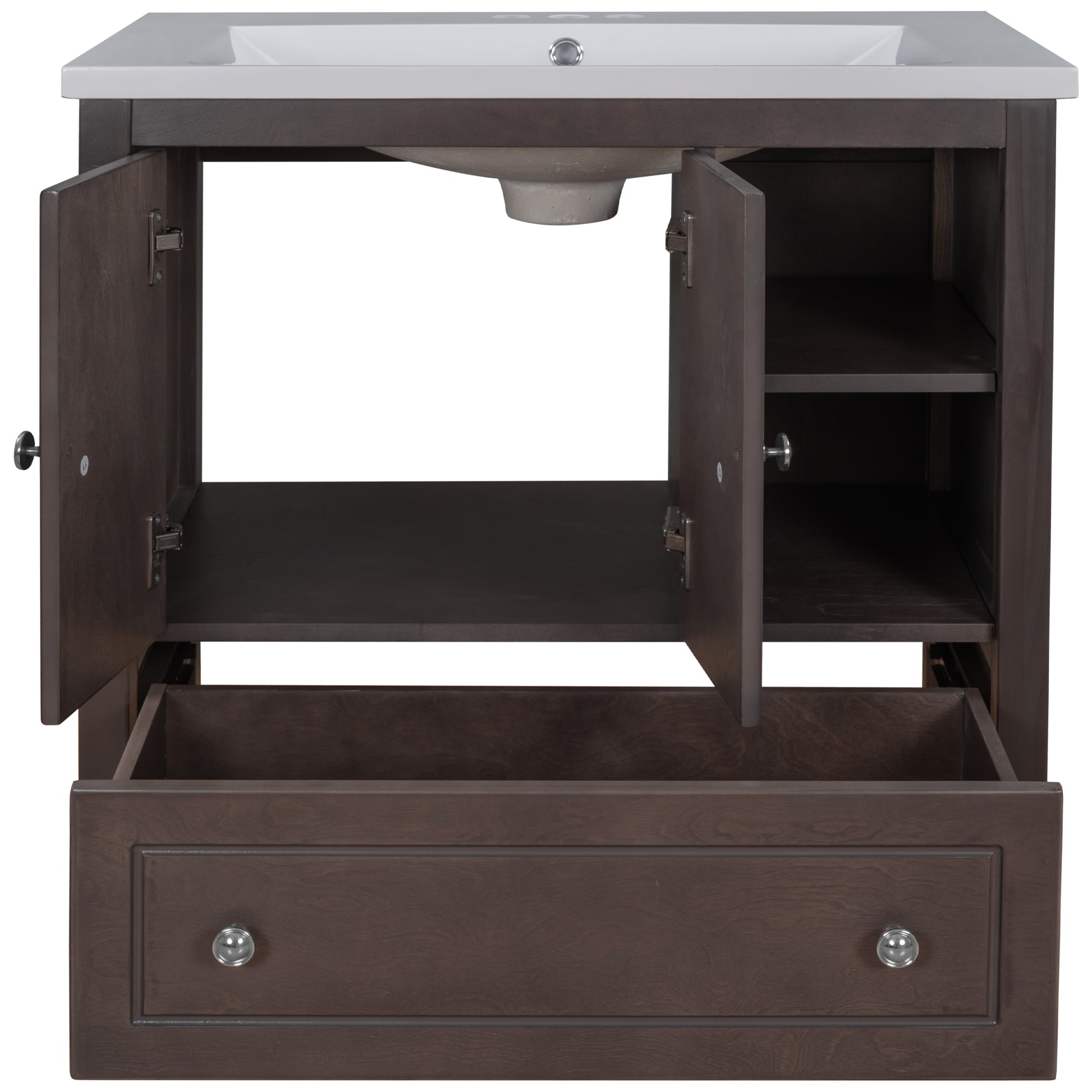 Video 30" Bathroom Vanity With Sink, Bathroom Storage Cabinet With Doors And Drawers, Solid Wood Frame, Ceramic Sink, Brown Old Sku: Jl000002Aad Brown Solid Wood