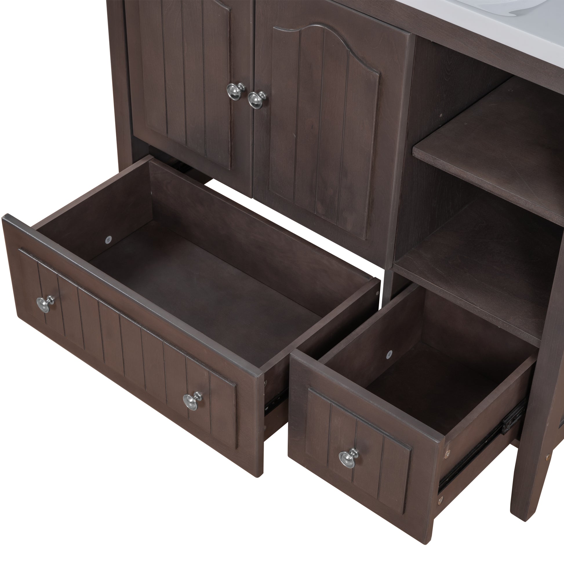 Video 36" Bathroom Vanity With Ceramic Basin, Bathroom Storage Cabinet With Two Doors And Drawers, Solid Frame, Metal Handles, Brown Old Sku: Jl000003Aad 1 Brown Solid Wood
