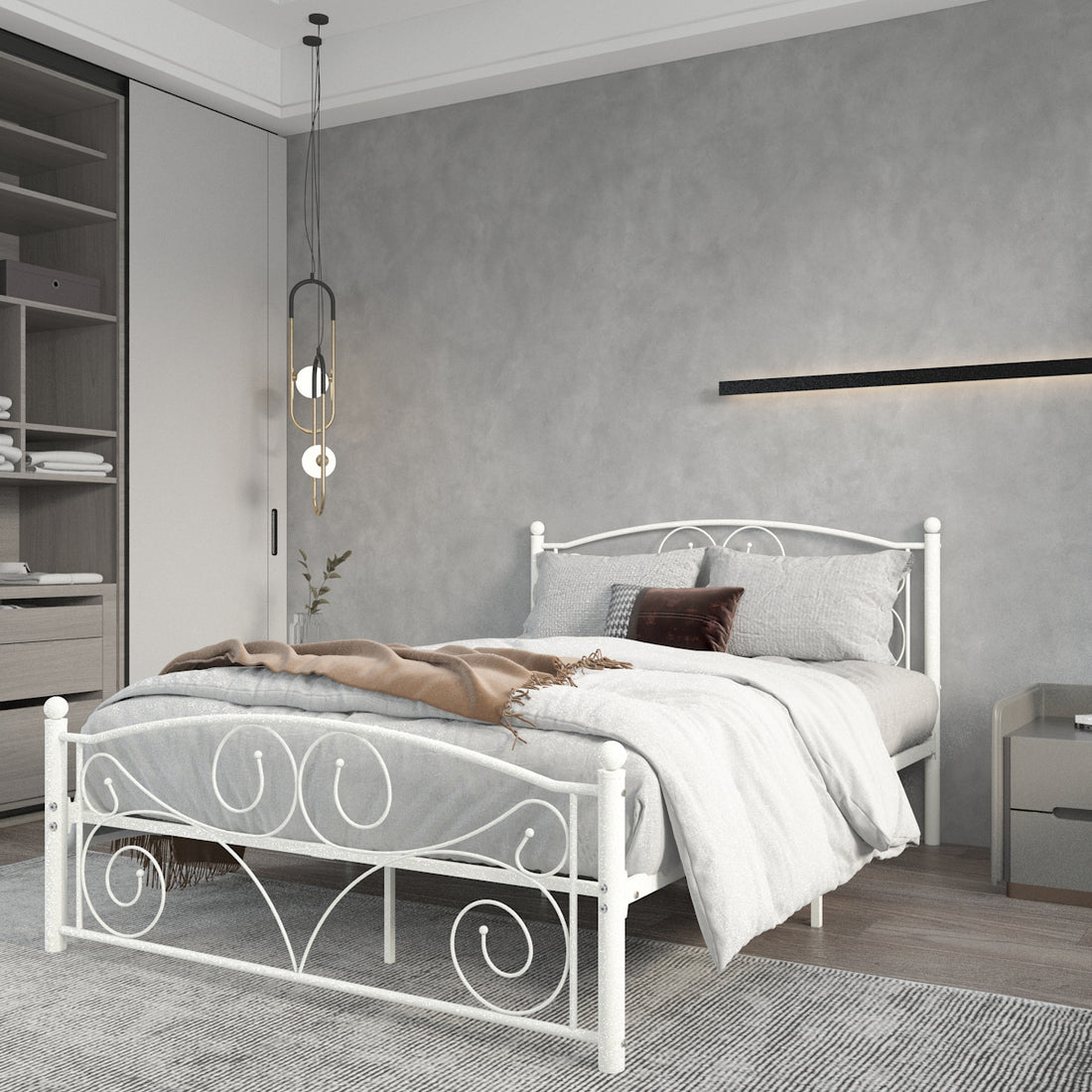 Full Size Unique Flower Sturdy System Metal Bed Frame With Headboard And Footboard White Metal