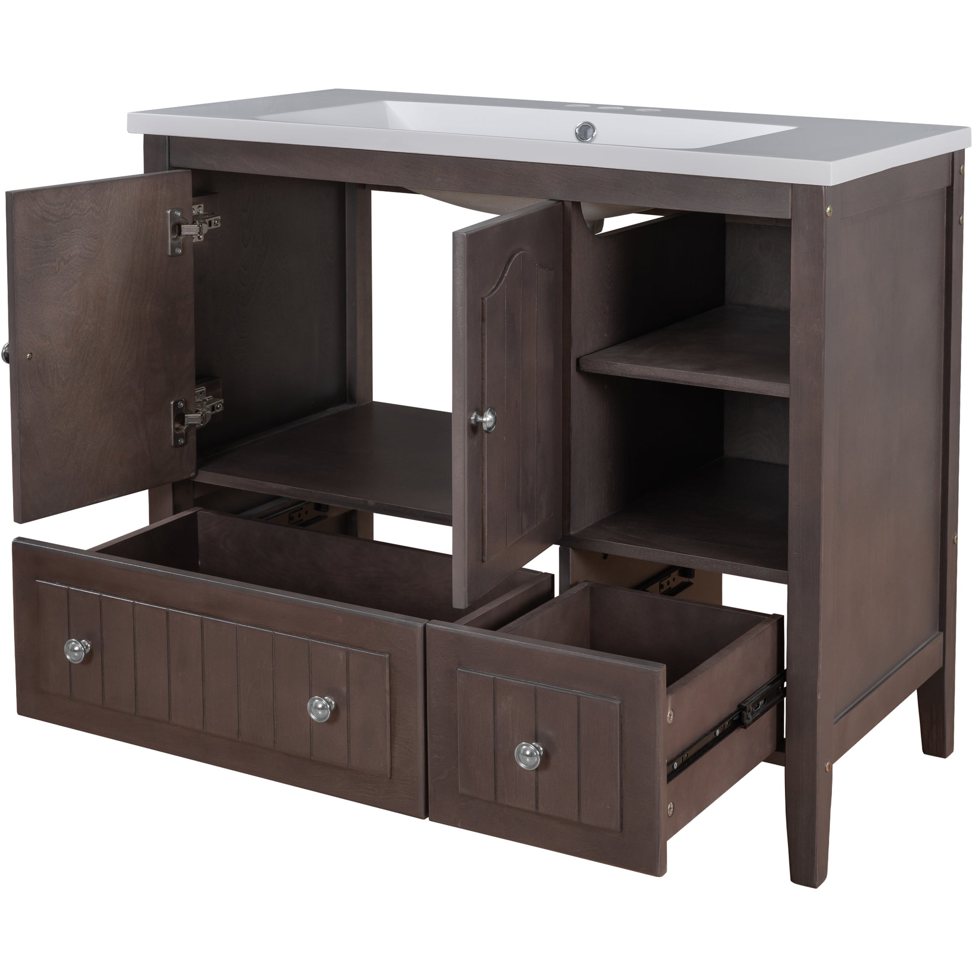 Video 36" Bathroom Vanity With Ceramic Basin, Bathroom Storage Cabinet With Two Doors And Drawers, Solid Frame, Metal Handles, Brown Old Sku: Jl000003Aad 1 Brown Solid Wood