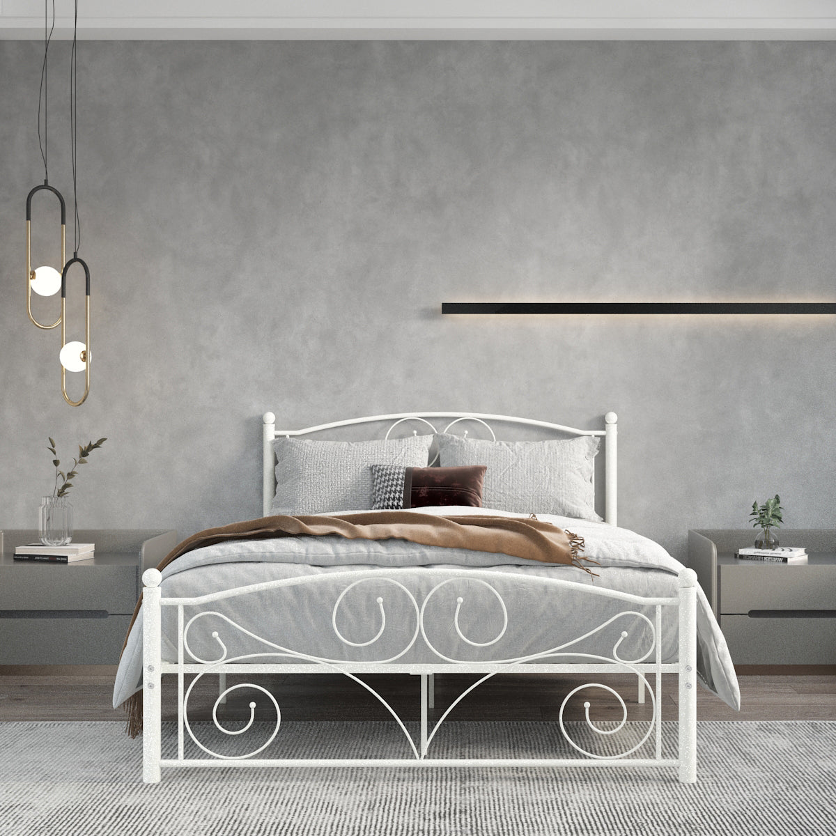 Queen Size Unique Flower Sturdy System Metal Bed Frame With Headboard And Footboard White Metal