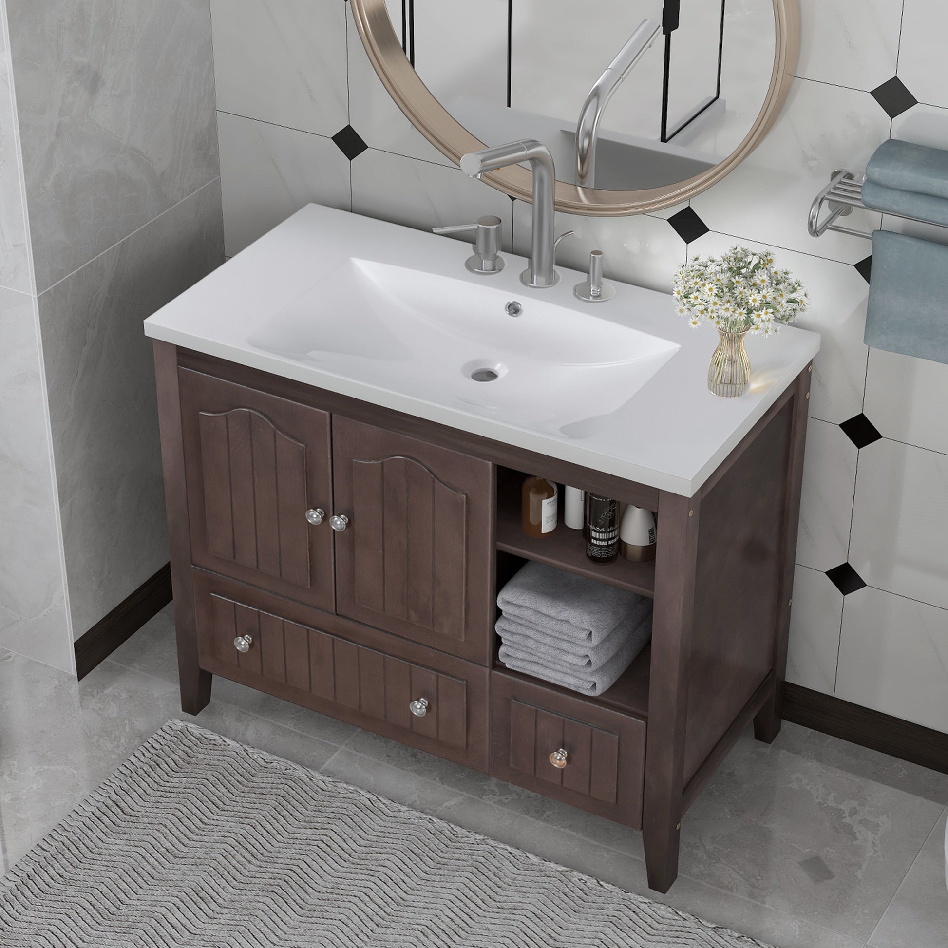 Video 36" Bathroom Vanity With Ceramic Basin, Bathroom Storage Cabinet With Two Doors And Drawers, Solid Frame, Metal Handles, Brown Old Sku: Jl000003Aad 1 Brown Solid Wood