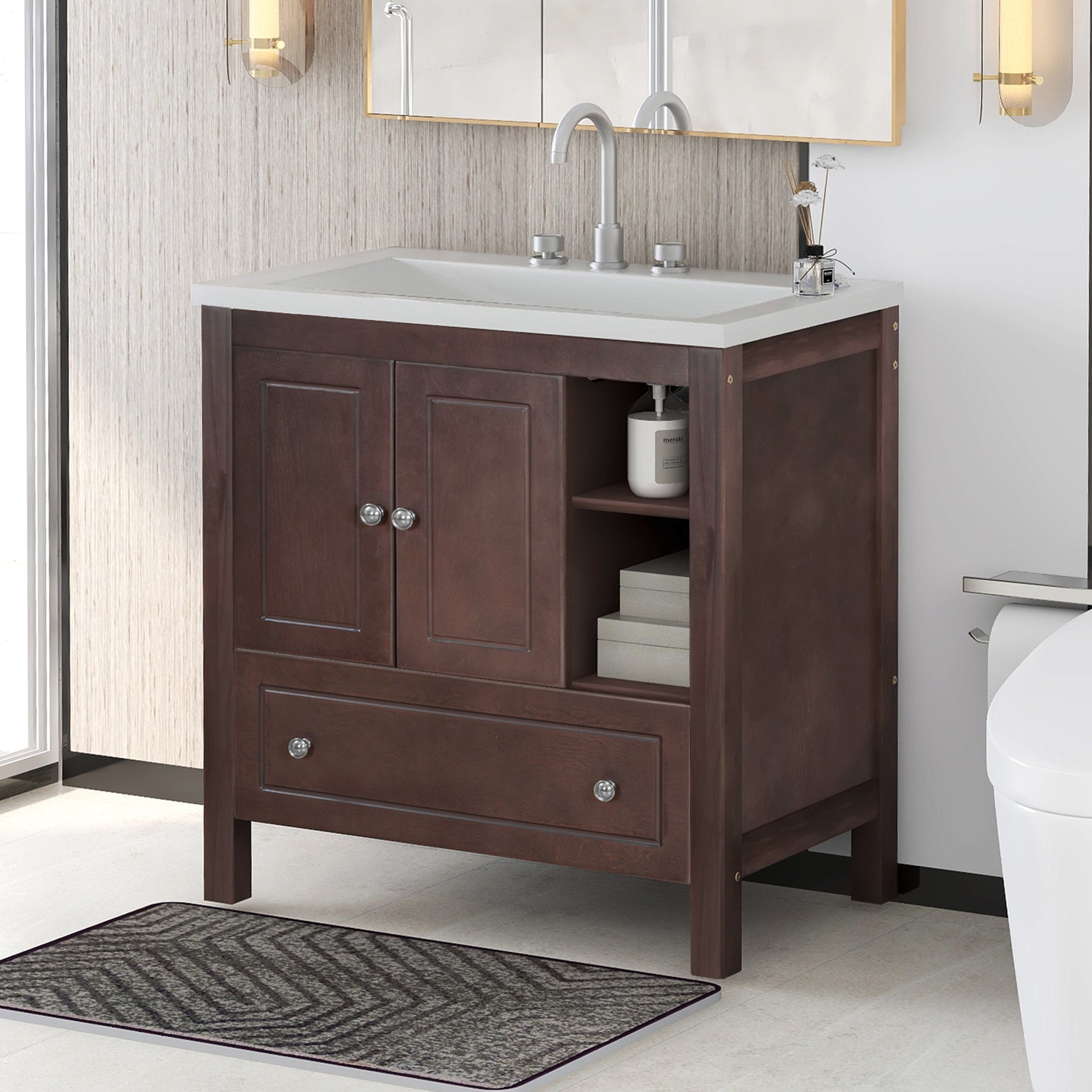 Video 30" Bathroom Vanity With Sink, Bathroom Storage Cabinet With Doors And Drawers, Solid Wood Frame, Ceramic Sink, Brown Old Sku: Jl000002Aad Brown Solid Wood