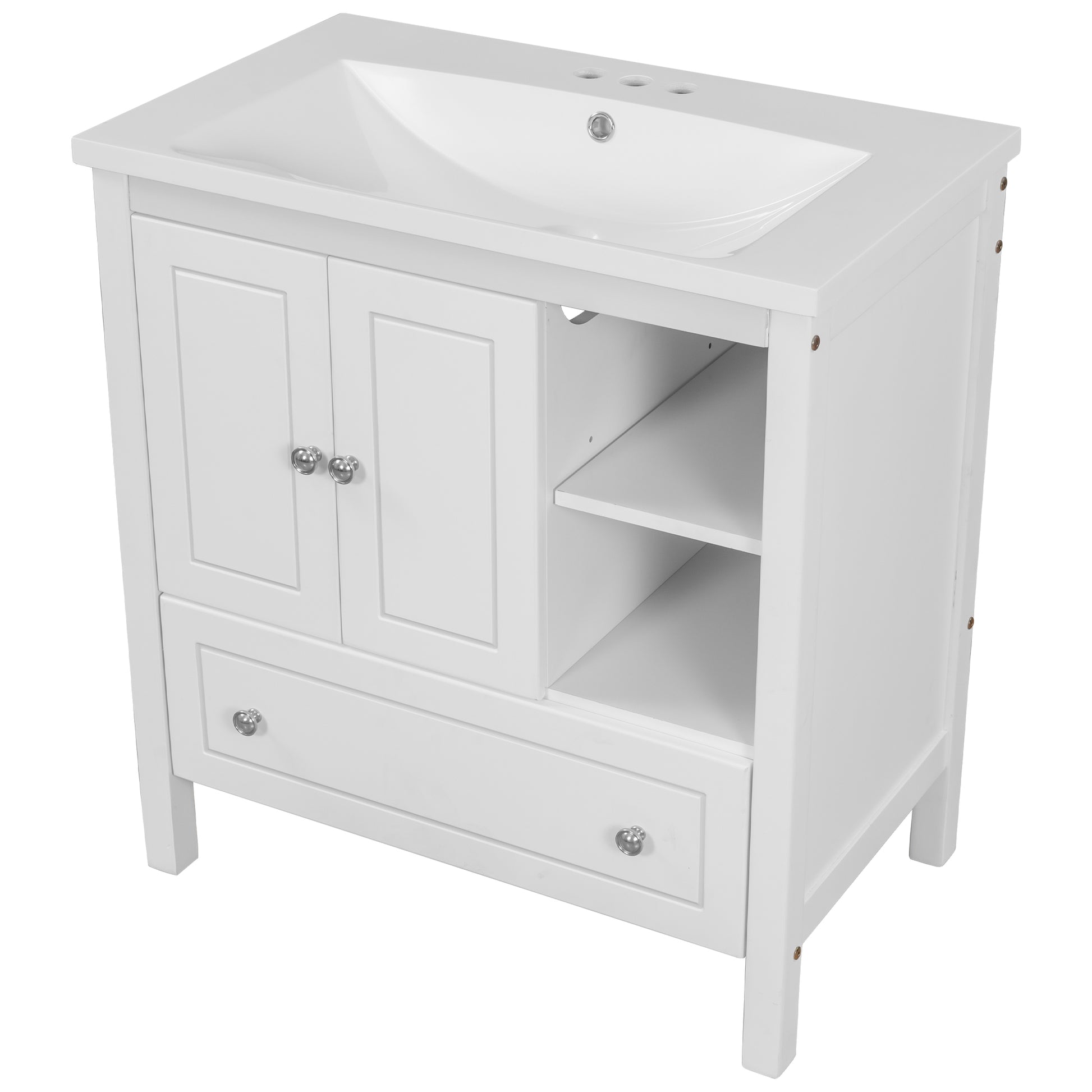 Video 30" Bathroom Vanity With Sink, Bathroom Storage Cabinet With Doors And Drawers, Solid Wood Frame, Ceramic Sink, White Old Sku:Jl000002Aak White Solid Wood