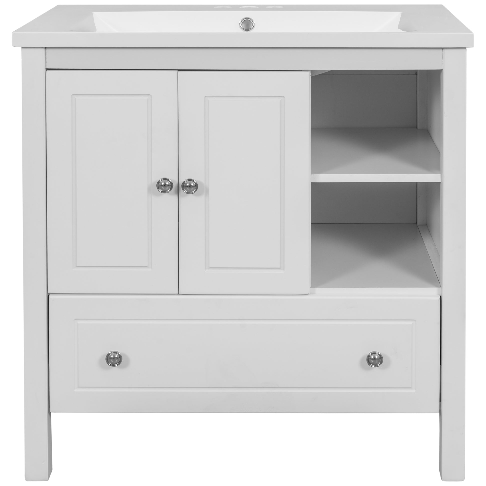 Video 30" Bathroom Vanity With Sink, Bathroom Storage Cabinet With Doors And Drawers, Solid Wood Frame, Ceramic Sink, White Old Sku:Jl000002Aak White Solid Wood