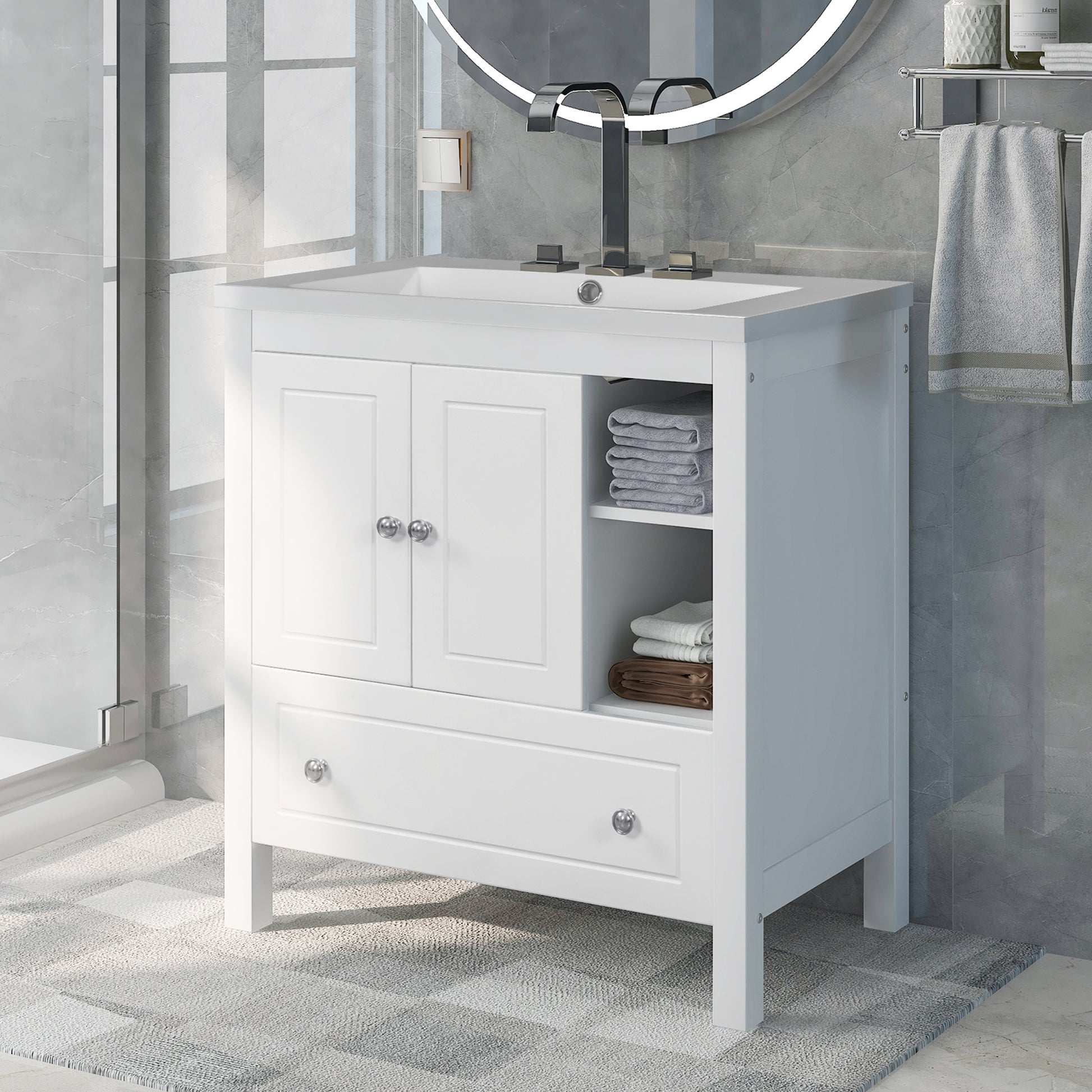 Video 30" Bathroom Vanity With Sink, Bathroom Storage Cabinet With Doors And Drawers, Solid Wood Frame, Ceramic Sink, White Old Sku:Jl000002Aak White Solid Wood