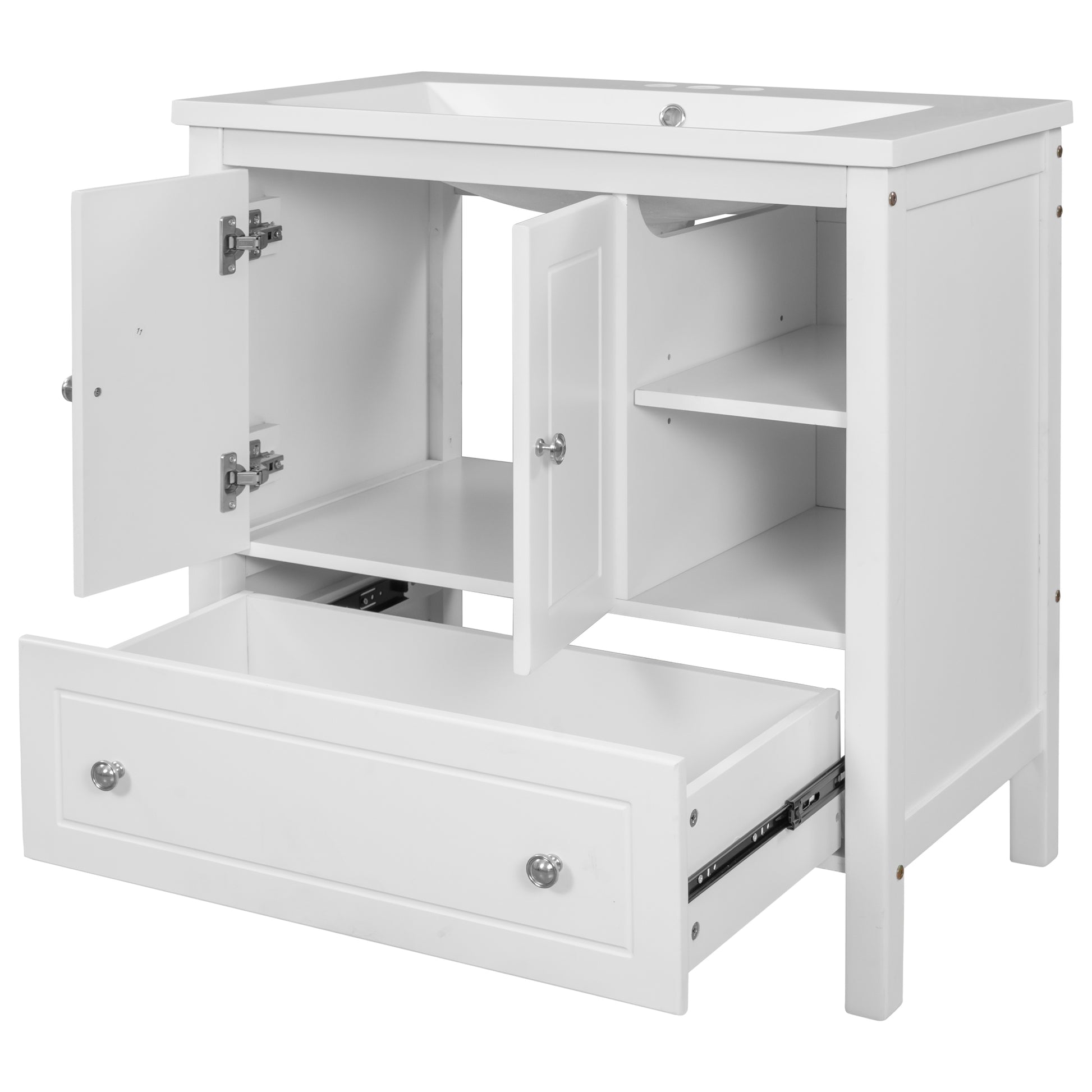Video 30" Bathroom Vanity With Sink, Bathroom Storage Cabinet With Doors And Drawers, Solid Wood Frame, Ceramic Sink, White Old Sku:Jl000002Aak White Solid Wood