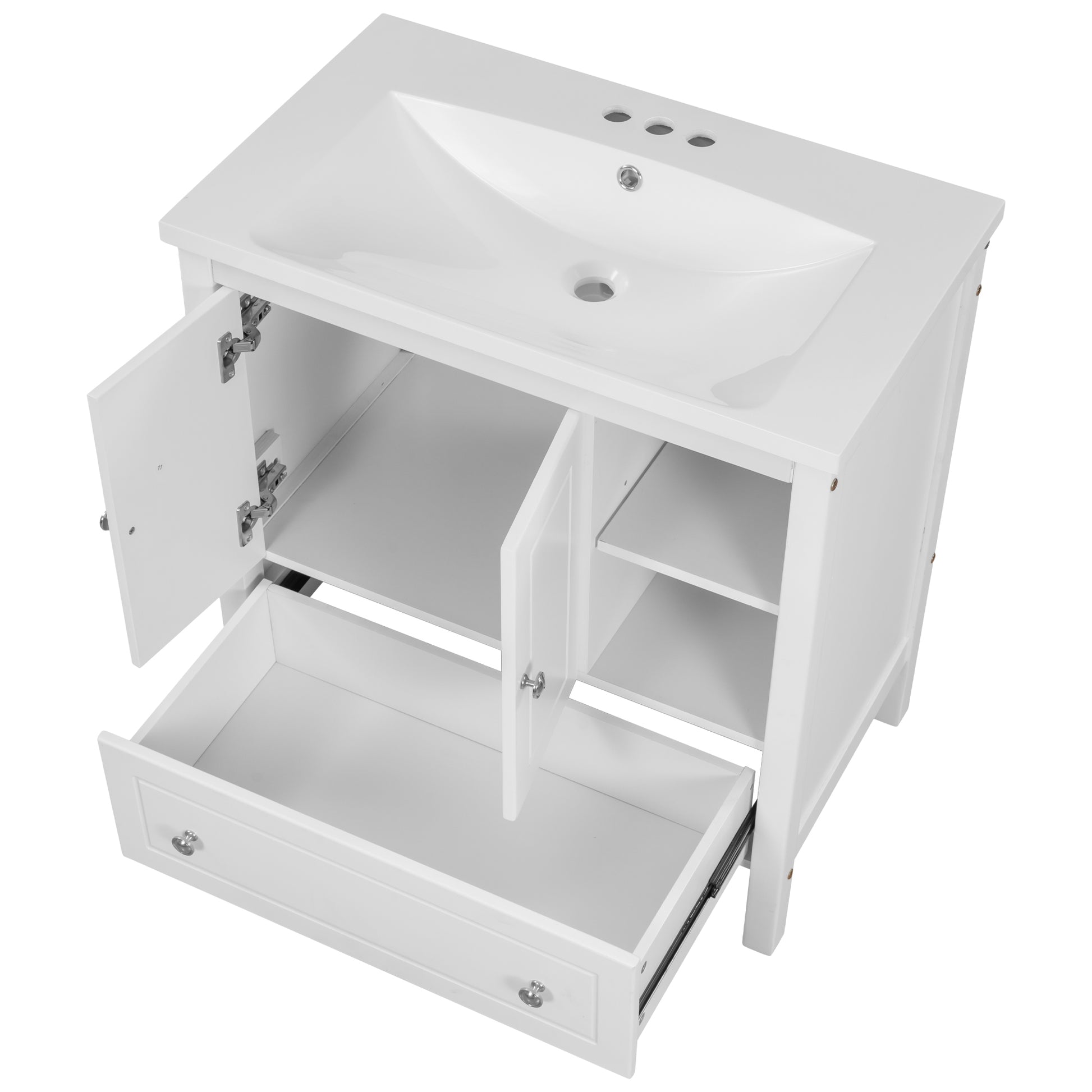 Video 30" Bathroom Vanity With Sink, Bathroom Storage Cabinet With Doors And Drawers, Solid Wood Frame, Ceramic Sink, White Old Sku:Jl000002Aak White Solid Wood