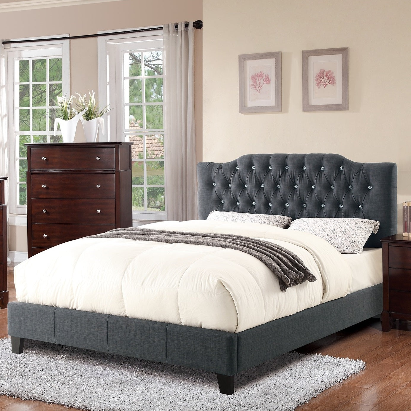 Modern Gorgeous Blue Grey Polyfiber Tufted Queen Size Bed 1Pc Bedframe Upholstered Headboard Bedroom Furniture Wooden Plywood Queen Grey Mix Wood Bedroom Contemporary,Modern,Transitional Poplar Bed Frame Plywood