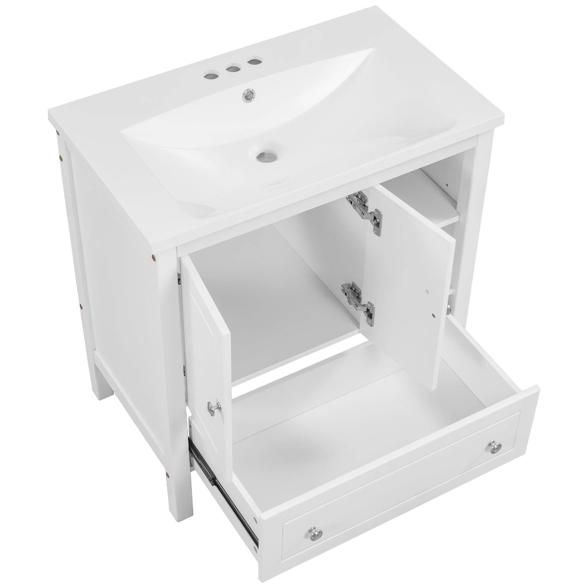 Video 30" Bathroom Vanity With Sink, Bathroom Storage Cabinet With Doors And Drawers, Solid Wood Frame, Ceramic Sink, White Old Sku:Jl000002Aak White Solid Wood